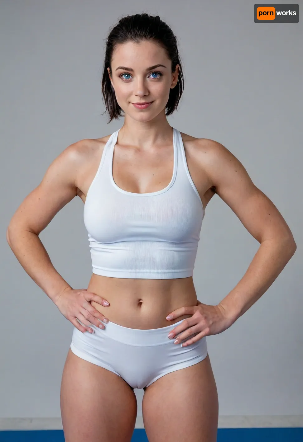 girl, 25 yo, photon, blue eyes, shorthaircurt, angle jawbones, black hair, light blue eyes, perfect eyes, no bra, smile, hard puffy nipples, middle breasts, realistic nipples, big hips, round ass big butt, masterpiece, wearing tight white sports top, underboobs, wearing tight black sports shorts, blue sport sneakers, make training sport