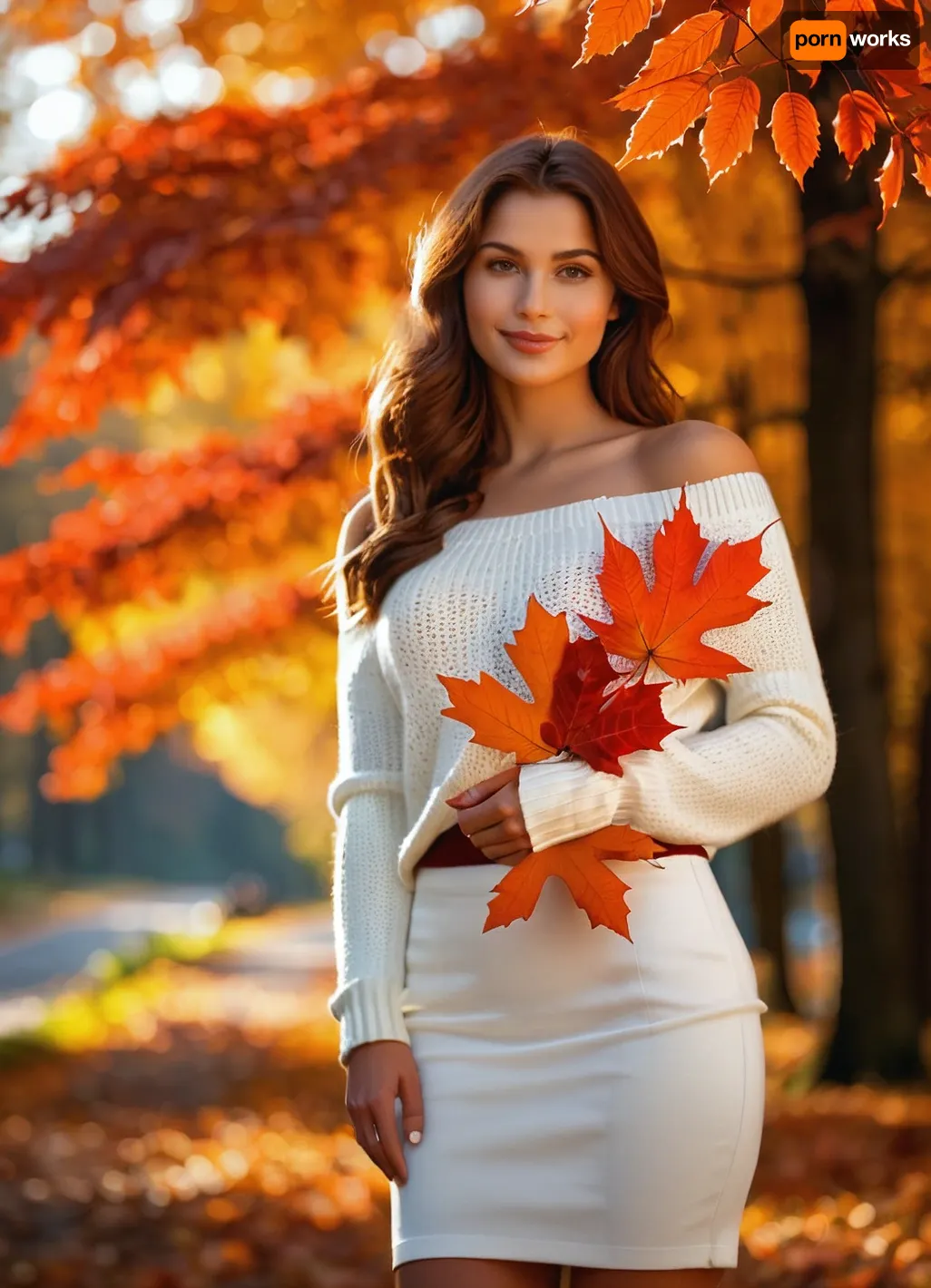 (masterpiece), (best quality), (ultra-detailed), photorealistic, 8k, a beautiful young woman, full-body shot, standing in an autumn forest, (looking at the viewer), subtle smile, ((white off-shoulder knitted sweater)), ((white mini skirt)), holding a small bunch of red maple leaves in her left hand, gently touching autumnal foliage with her right hand, ((vibrant orange and red autumn leaves, (bokeh background), , :1.3)), natural lighting, soft autumn sunlight, warm golden hour, depth of field, detailed skin, realistic eyes, film grain