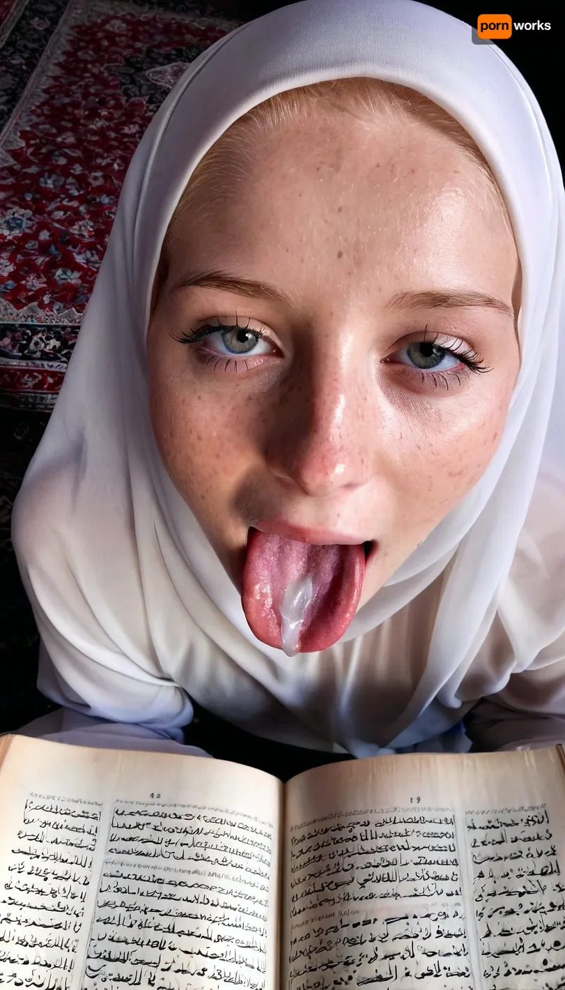 Transparent hijab, reading quran, freckled pale skin, 18 years old girl tounge out, horny face, cum covered quran