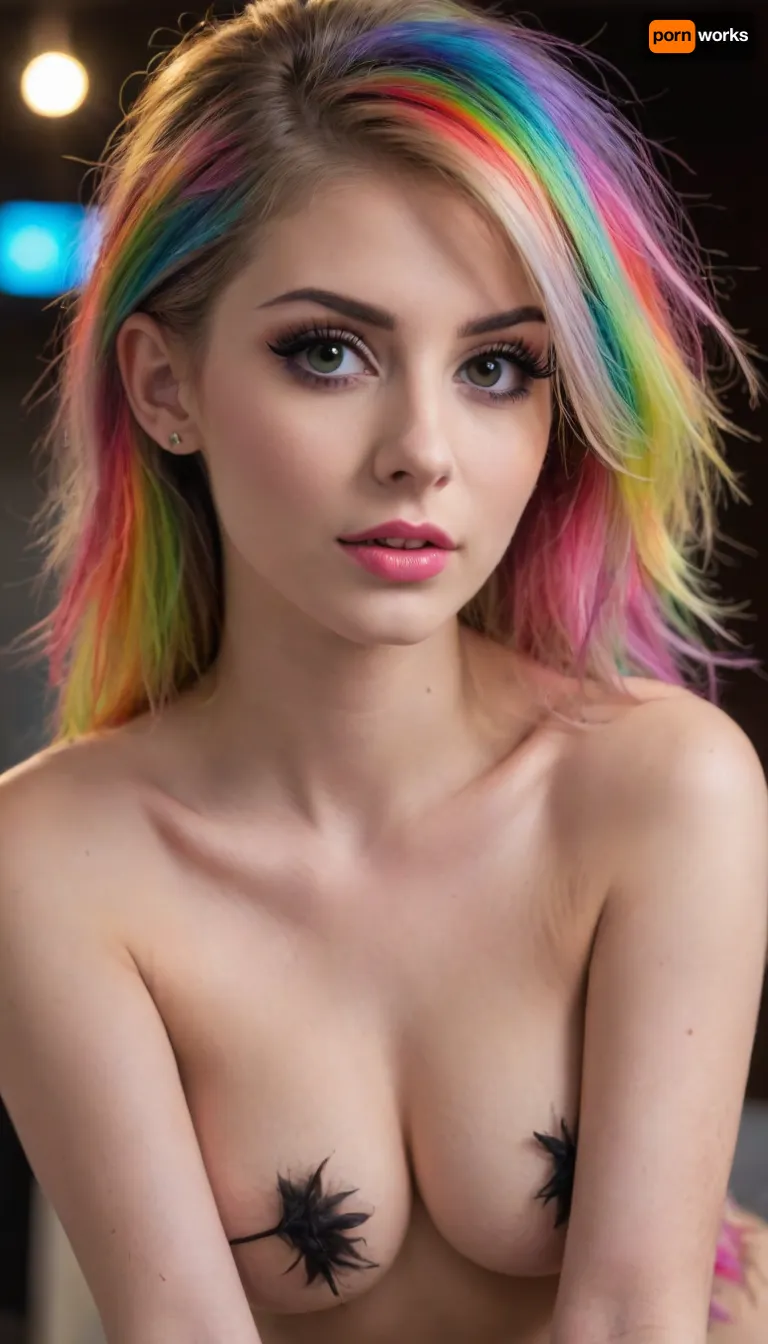 18 year old, (((bending over showing her ass))), (Extremely messy long rainbow hair, ponytail, cute, Slim, ((erect nipples)), medium breasts, goth, full body view, skinny face, (((very Tiny young model))), (((young, topless))), perfect eyes, (((close-up))), small petite body, full body photo, beautiful small cute face, ((((slender body)))), (very skinny:1.4), ((narrow waist)), (((very long big thick eyelashes)))), large breasts, night club