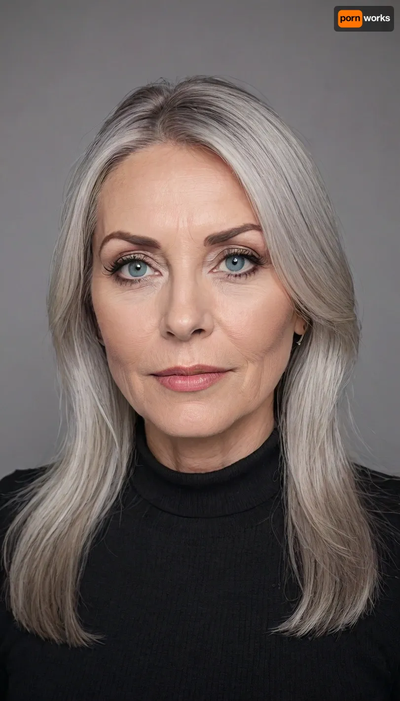 (mature, milf:1.5), An aged 65 year old woman posing with long light black hair with steaks of grey, the hair is medium-length, (very straight), and neatly parted in the center with strands of hair framing her face.
She has blue eyes that are deep-set, the eyes are medium in size and thin, and appear to have a neutral or contemplative expression. Her eyebrows are very light blonde in colour, they are thin, and follow a slightly curved shape.
Her aging face is elongated and slightly angular, with a defined but softer jawline. Her nose is straight and proportionate, with a slightly rounded tip.
Her cheeks are gently contoured with a slight hollowness that accentuates the structure of the face.
Her jawline is well-defined but softened by age, tapering into a slightly pointed chin.
Her lips are very thin, and neutral in expression, with no visible smile.
Her neck shows visible lines and natural aging.
Her skin is fair and shows natural signs of aging, including fine lines and wrinkles around the eyes, wrinkes on forehead, and wrinkes around the mouth area.
She has size 34b breasts.
She is standing fully naked in full view of the camera.