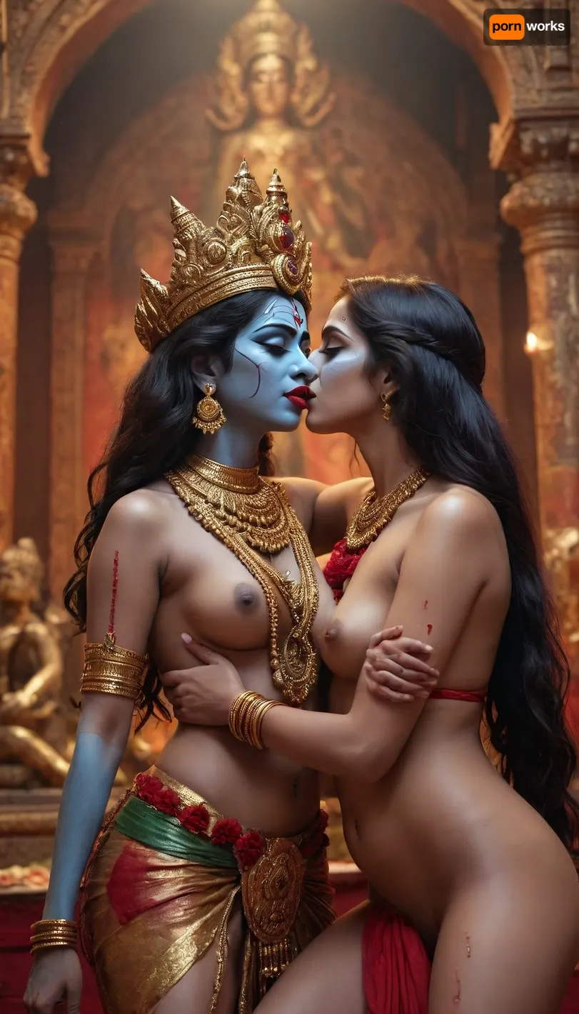 Indian goddess kali and Durga kissing in temple surrounded by corpses and naked