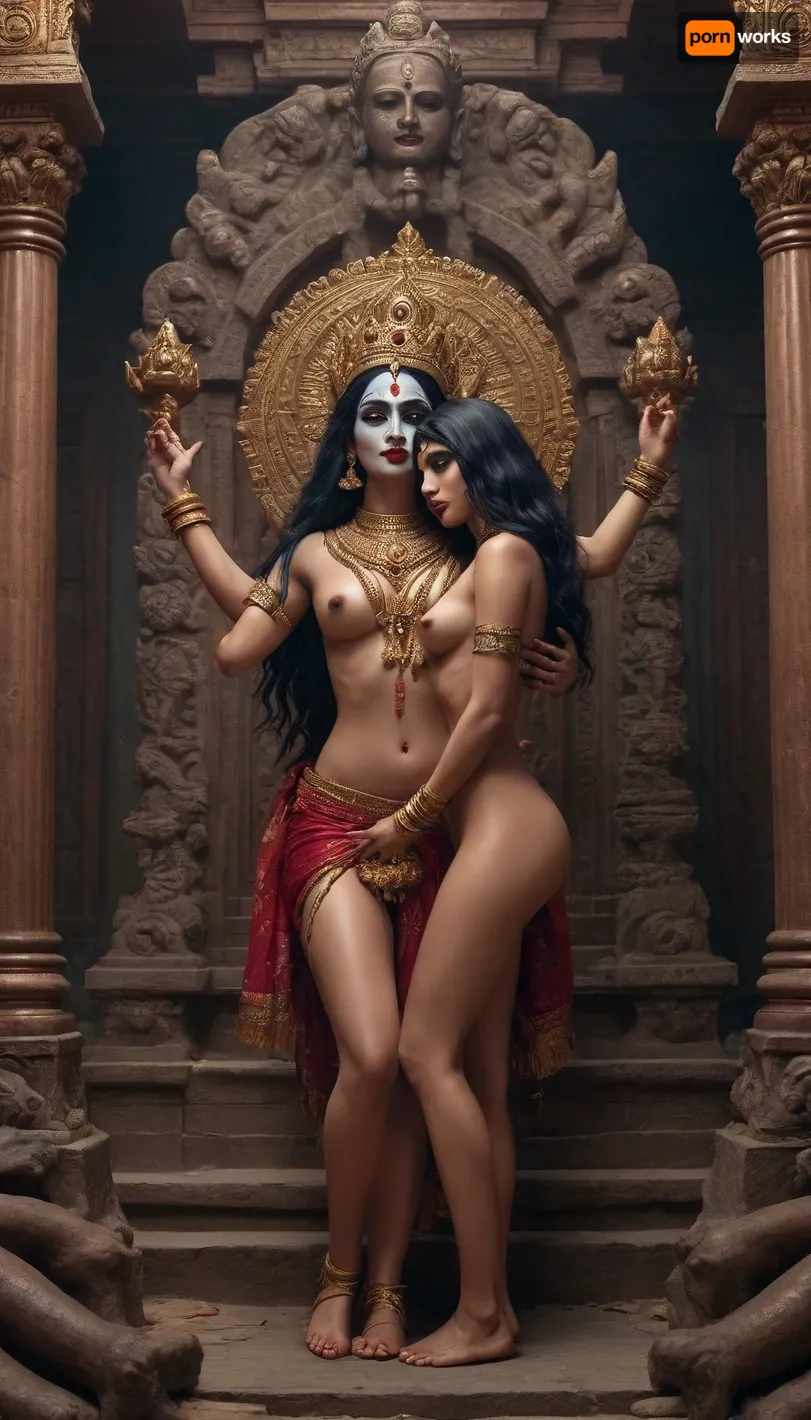 Indian goddess kali and Durga kissing in temple surrounded by corpses and naked