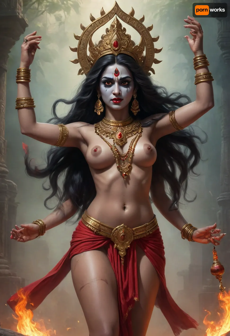 Photorealistic, high definition, Hindu goddess Kali, sexy, sexy legs, midriff, large breasts, **AI Image Generator Prompt, **

"Create a photorealistic image of the Hindu goddess Kali, depicted in her most iconic and fierce form. Kali has dark, almost black skin, symbolizing her connection to the divine and the infinite. Her long, disheveled black hair flows wildly around her face and shoulders, adding to her fierce, untamed nature. Her face is strikingly intense, with wide, fierce eyes that convey both power and wrath. Her mouth is open, revealing her long, sharp teeth and her iconic protruding, blood-red tongue, which gives her a terrifying yet captivating look.

Kali is adorned with various ornaments that emphasize her divine power. She wears a necklace made of severed heads, symbolizing the destruction of ego and the transience of life. Her arms are multiple, usually depicted as four or more, with each hand holding different symbolic items, a sword, a trident, and a severed head, while her other hands may be in mudras or gestures of blessing and protection. Her attire consists of a simple, flowing skirt made of human arms or sometimes a cloth adorned with skulls. She stands on the body of her consort, Lord Shiva, symbolizing the balance of creation and destruction, life and death. Her posture is dynamic and powerful, with one foot lifted, ready to stomp. She exudes an aura of fearlessness and strength, as her fierce energy radiates throughout the scene.

The background is typically a dark, chaotic environment, with swirling flames or the dark night sky, emphasizing her association with destruction and transformation. Despite her intimidating appearance, there is an undeniable sense of profound spirituality and liberation in her presence, embodying both the terrifying and transformative aspects of existence."