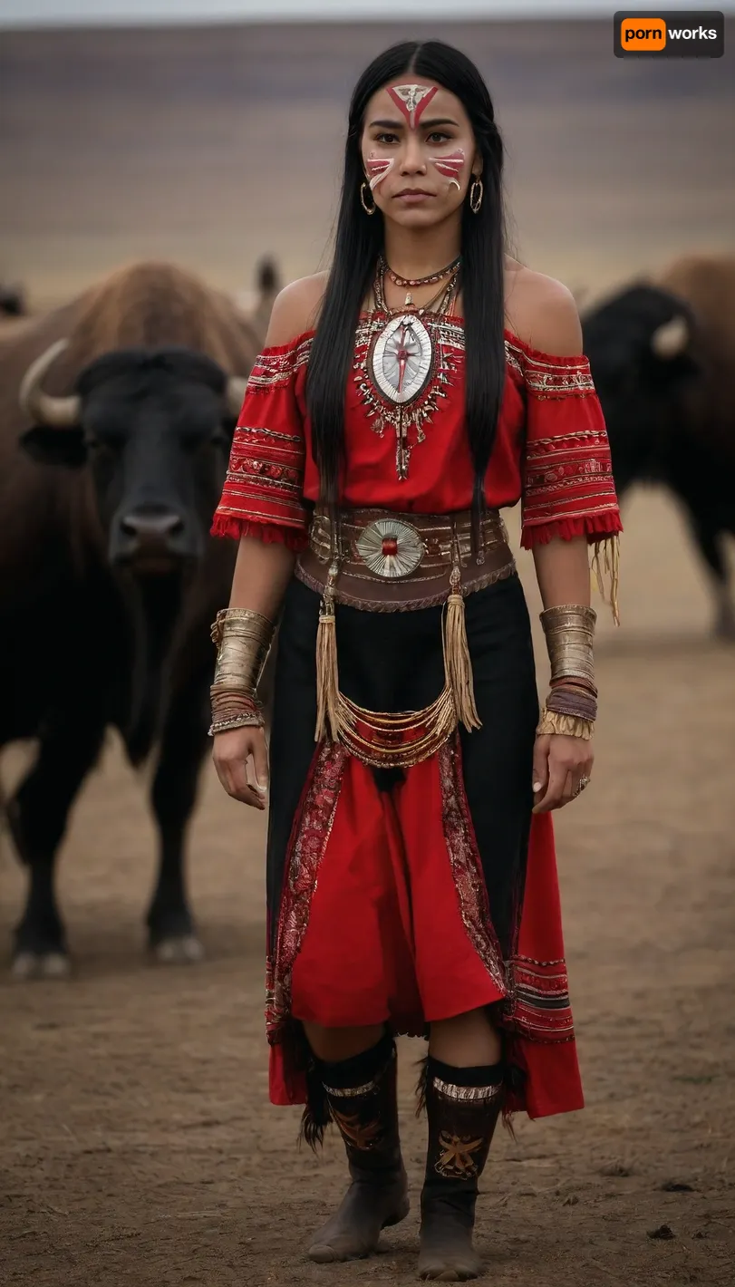 beautiful american nativ siux women, full body view, traditional siux clothes, long straight brilliant black hair. proud . tough face, backgroung praire with buffalos, she dance a traditional dance, taditional face painting