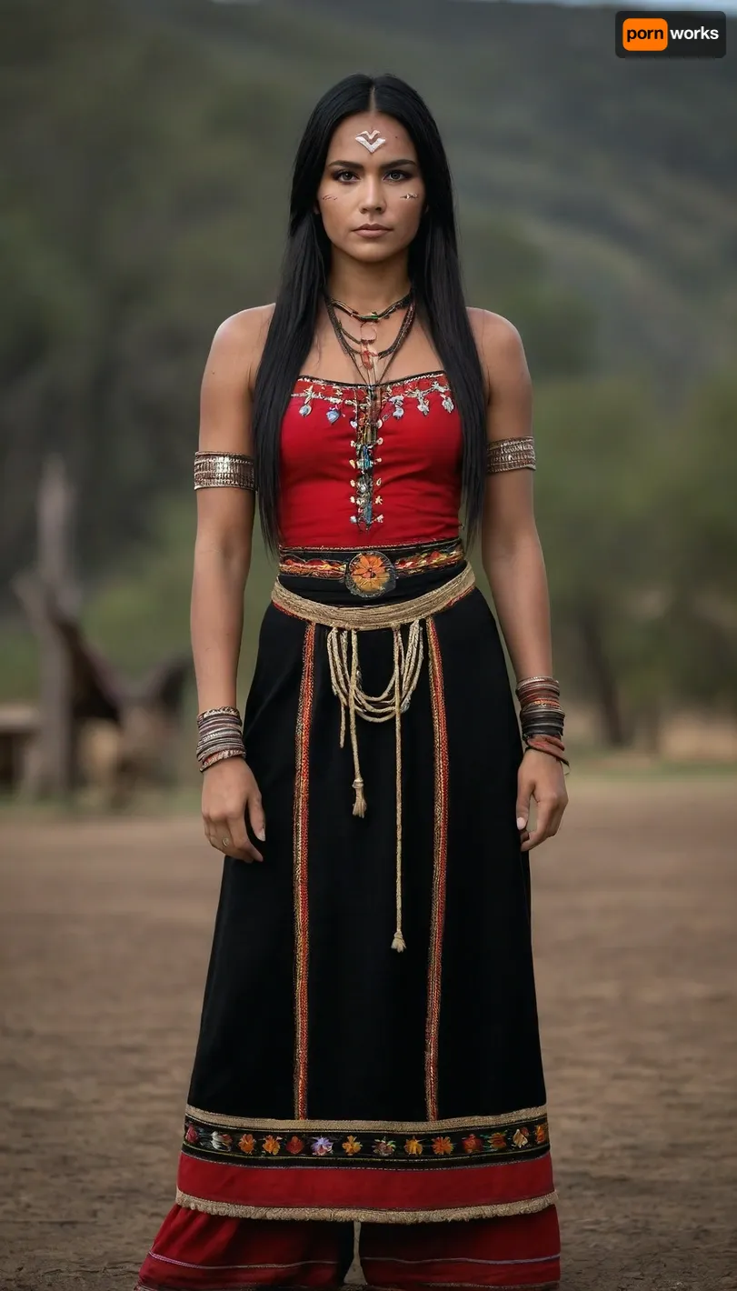 beautiful american nativ siux women, full body view, traditional siux clothes, long straight brilliant black hair. proud . tough face, backgroung praire with hoses, she dance a traditional dance, taditional face painting