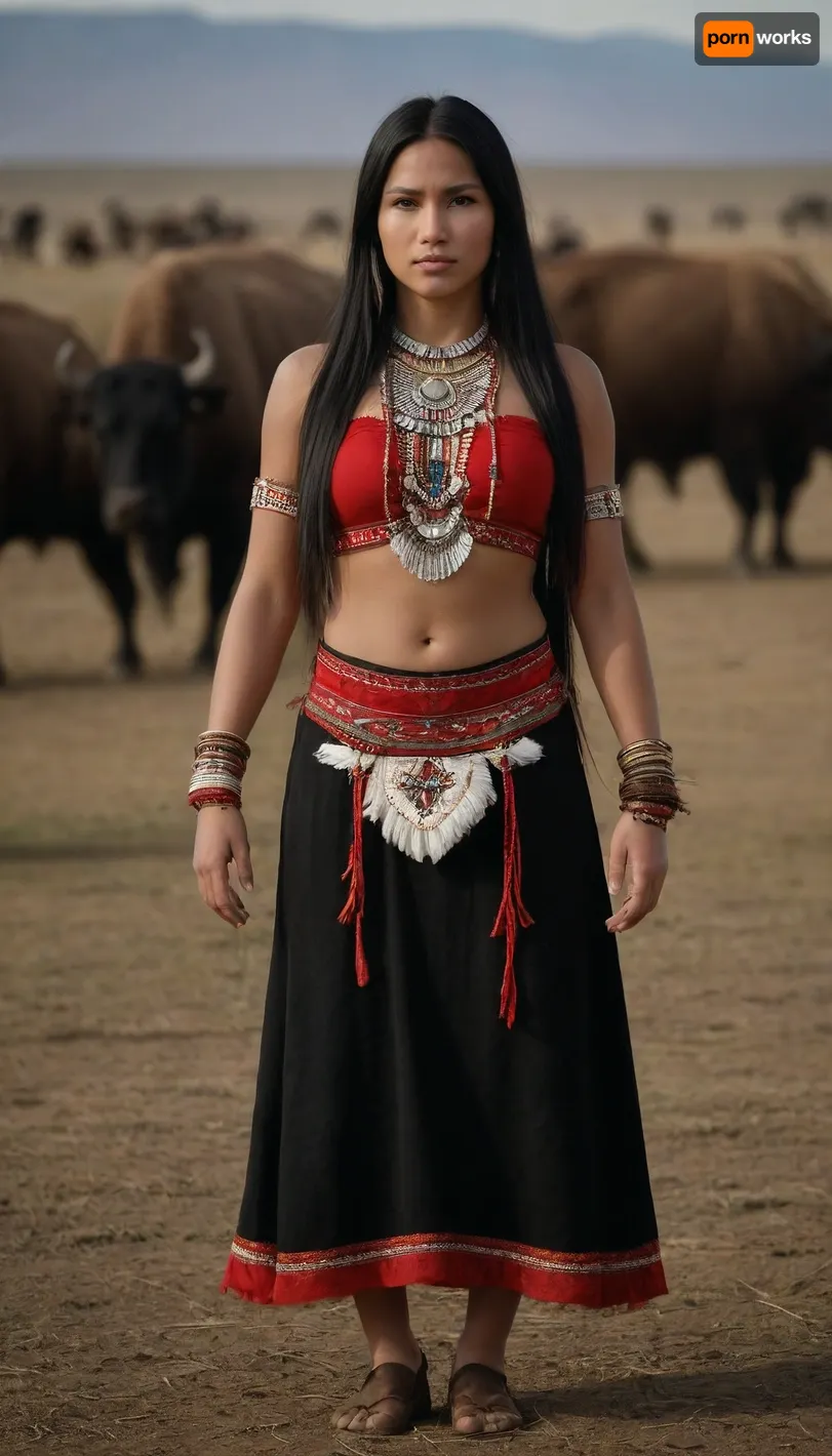 beautiful american nativ siux women, full body view, traditional siux clothes, long straight brilliant black hair. proud . tough face, backgroung praire with buffalos, she dance a traditional dance