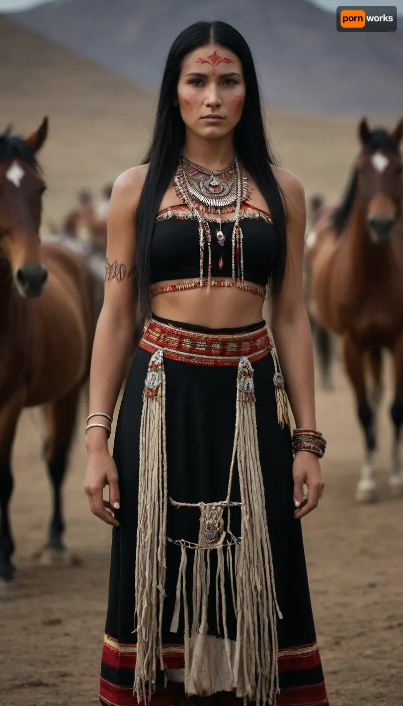 beautiful american nativ siux women, full body view, traditional siux clothes, long straight brilliant black hair. proud . tough ungry face, backgroung praire with horses, she dance a traditional dance, taditional face painting