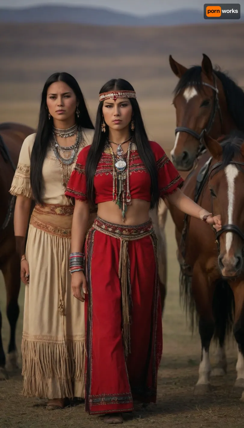 group of 4 beautiful american nativ siux women, full body view, traditional siux clothes, long straight brilliant black hair. proud . tough ungry face, backgroung praire with horses, she dance a traditional dance, taditional face painting