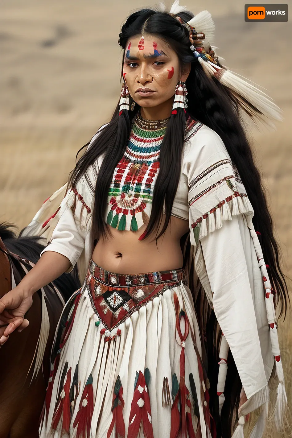 1 beautiful american nativ sioux women, full body view, traditional sioux clothes, long straight brilliant black hair. proud . tough ungry face, backgroung praire with horses, taditional face painting