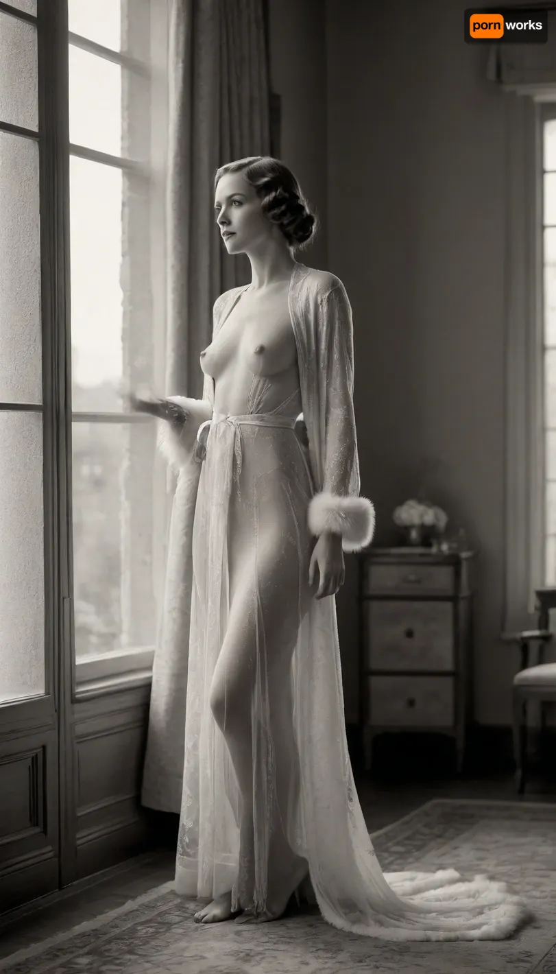 art deco style, full body portrait, woman 35 years old in a ornated room, view from the door at her chair at the window, She is dressed in a long transparent robe trimmed with fur, she looking at the window, showing small naked breasts, flat chest, (1930s lightly monochrome photography)