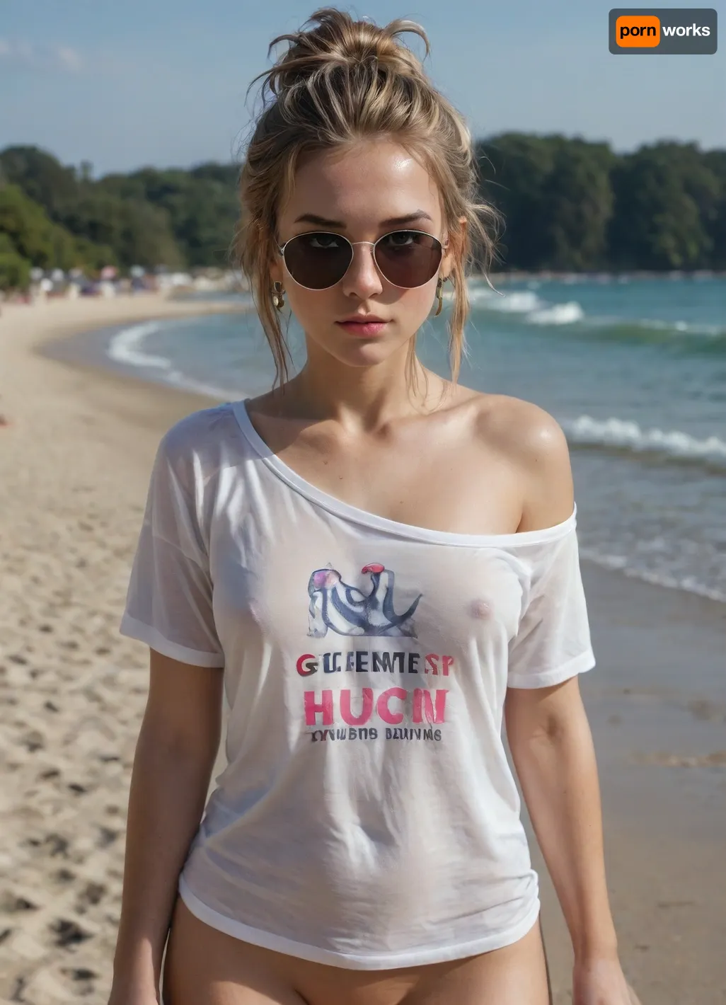 3/4 view of a blonde woman walking on a sunny beach. She wears headphones, sunglasses and a long off shoulder T-shirt, thin pink fabric, she is braless. Looking left. No makeup, messy updo hair, sleepy head, shaved pussy, (bottomless:1), (see through:.8)