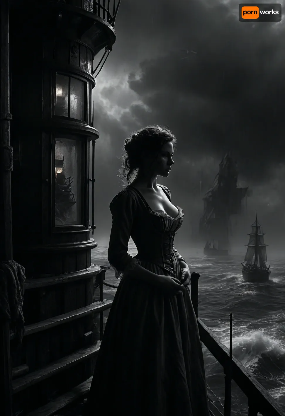 (Line art:2), ink drawing, Cowboy shot, 16 century, (stunning sexy rough lighthouse keeper stands inside glass cabin on top of Lighthouse:1), looks down to a three-masted sailing ship, (ship in distress:1.5), strong backlight from bright beacon illuminates her back and the darkness, (hurricane outside:1), (hard rain outside:1), (meter-high waves:1), undone linen shirt over a corset, firm breasts with long nipples, upper torso and a hint of cleavage visible exposed boobs, wind-torn coat, weras working clothes, large storm surge, rough sea, whitecaps, spray, haze, a three-masted sailing ship in distress in the background, 7-FineLine, Inkdrawing, cloudy, smoke, atmospheric, clouds, fog, <lora:MJ52:2>, <lora:Fine Line v1.0:2>, <lora:SDXL_Inkdrawing_v1:2>, <lora:Cloudy_Style:.8>, <lora:dark:.3>