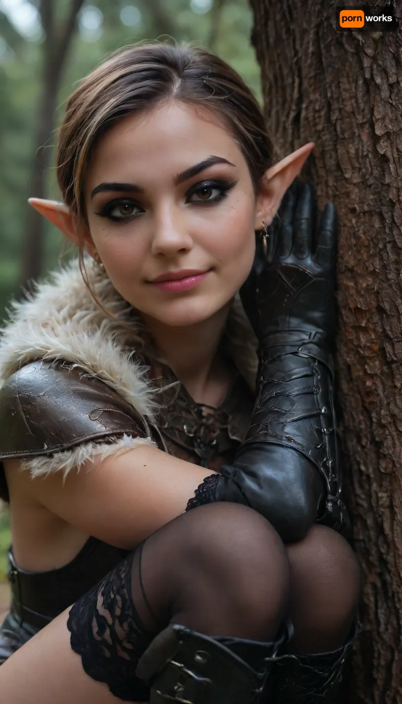 ((HD photorealistic, close up face)), (leather armor with fur trim), Beautiful 35 year old caucasian female elf., pointed ears., (leather gauntlets:1.3), (lace thigh high black stockings:1.3), (high leather boots with fur trim:1.3), brown hair with blonde highlights, wild, messy short hair, shaved., light brown eyes, (dark eyeliner:1.5), smokey eyes., thin nose., medium round breasts., thin, athletic build., ((in a forest in the rain., sitting against a tree, knees up to her chest, arms resting on knees, head turned to the side, smiling, flirty, eye contact)), close-up face, <lora:PerfectEyesXL:2>, <lora:454069_training_data:2>, <lora:HGHD_FEMALE_ELF_STYLE-000009:2>, <lora:add-detail-xl:2>