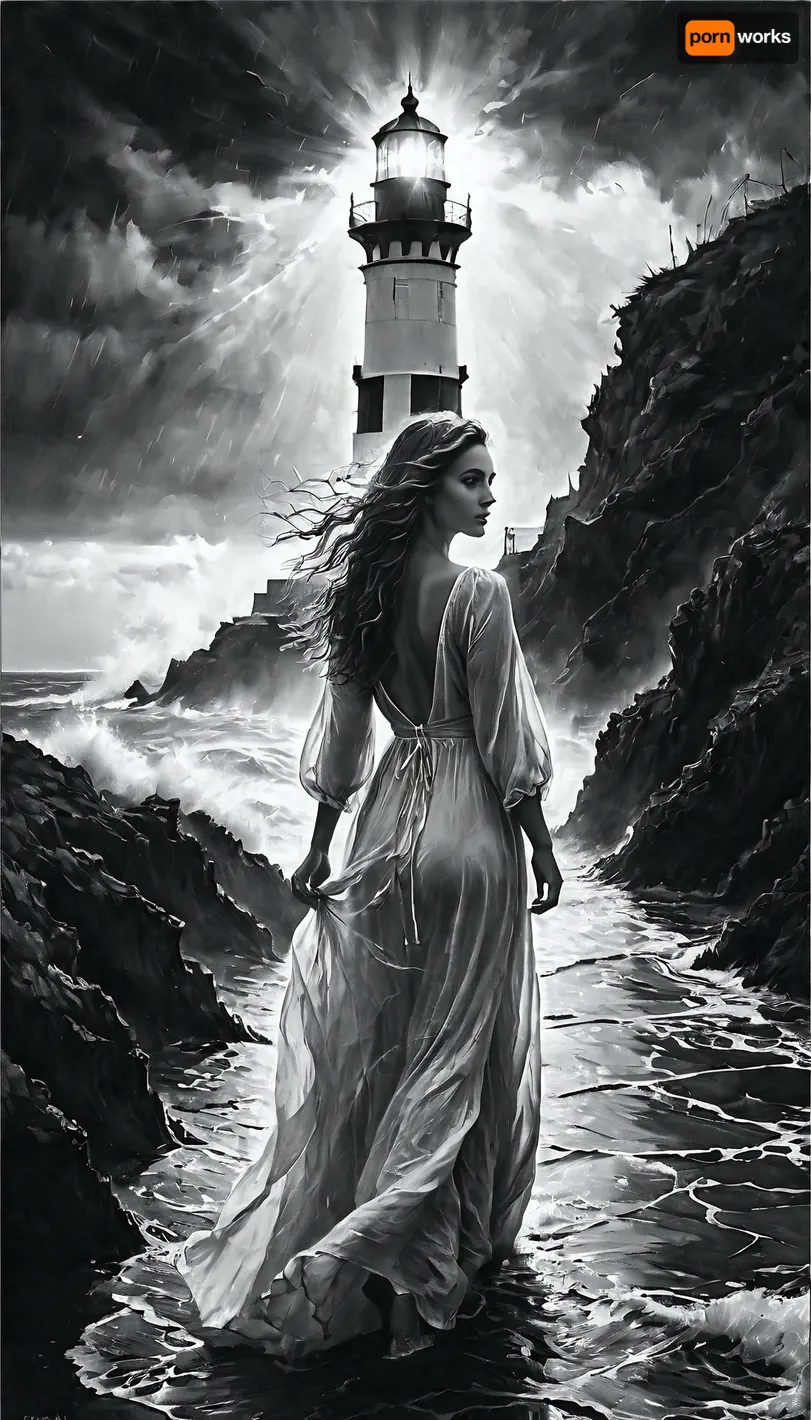 gorgeous woman, 20 year old, (full body), milf face, perfect face, detailed eyes, long wavy hair, ((perfect robe dress)), long natural hair, ((walking toward viewer)), (((black and white photography))), ((an illuminating full lighthouse in distant)), ((stormyu sea)), <lora:add-detail-xl:1>, Black, art, black, pencil, shading, charcoal, drawing, toned, paper, brutal, b/w, color, scheme, <lora:Black and white art.V1:.9>, ((iris eyes)), (detailed eyes), <lora:MJ52:.1>