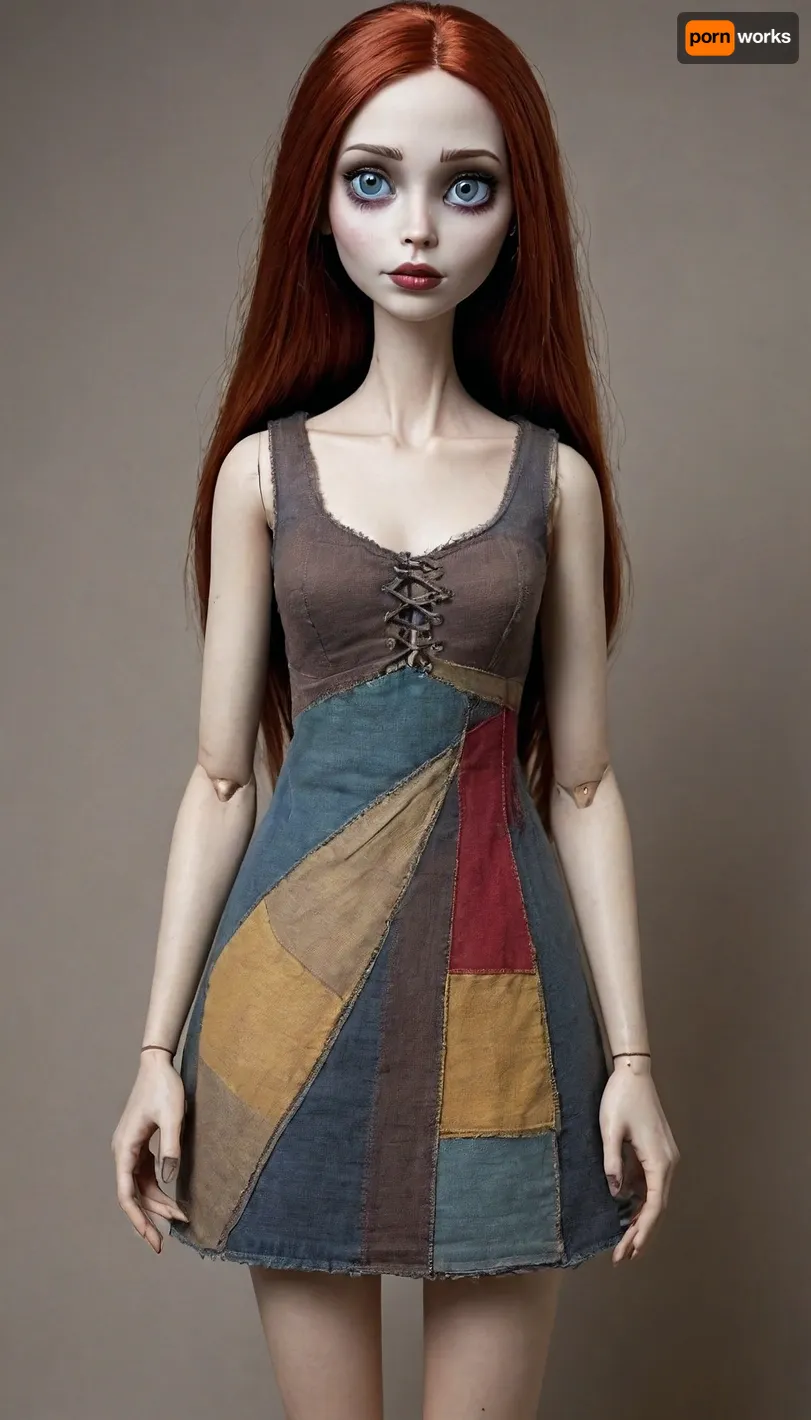 Sexy realistic version of Sally from the nightmare before Christmas Here's a detailed physical description of how she might appear in a live-action or hyper-realistic style, Realistic Sally – Physical Description
Age Appearance, Mid-20s, (though ageless, being a patchwork creation), Skin, Her skin is pale with a faint bluish-gray tint, like aged porcelain or faded fabric. It's uneven in tone—stitched together from mismatched patches of different textures and hues. You can see the subtle lines and seams where various pieces of skin, (some slightly darker or smoother), have been sewn together. The stitching is thick, black thread—like old surgical sutures—visible on her arms, legs, neck, and face. Some stitches are tight and neat, others slightly frayed or puckered with age.

Face, Sally’s face is hauntingly beautiful but unnerving. Her eyes are large and expressive, with a glassy, slightly sunken look—perhaps reflecting a doll-like quality. Her sclera, (whites of the eyes), might have a faint yellowish or gray tinge, showing wear. Her lips are full but dry, with cracked edges and a naturally red-berry color. There's a long stitch line running across one side of her cheek or over her jaw—done carefully, but clearly visible.

Hair, She has long, straight, deep auburn hair—thick strands, almost yarn-like, but realistic. It's unkempt but beautiful, like a mane of faded silk or thread, often falling over her shoulders in heavy locks. The hair might look slightly too vibrant in contrast to her muted complexion, adding to her uncanny presence.

Body, Sally is slender, with an almost frail, willowy frame. Her movements are delicate but slightly stiff or uneven—she walks with a soft, ghostly grace, but you can tell she was stitched together rather than born whole. Her limbs are long, but not unnaturally so—more like someone recovering from a long illness. The visible seams at her shoulders, elbows, and knees hint at her being pieced together from various human, (or doll-like), parts.

Clothing, She wears a tattered, homespun patchwork dress, made from mismatched fabrics—some floral, some striped, some torn lace. In a realistic rendering, the colors would be muted and worn—faded reds, pale blues, dusty yellows—stitched together with care but clearly handmade. The dress is slightly oversized, hanging loosely from her shoulders, fraying at the edges, with obvious repair work done by her own hand.

Hands and Feet, Her hands are thin and slightly disproportionate—long fingers with uneven nails, some chipped or darkened, giving the sense of both delicacy and decay. Her feet are often bare, dirty from wandering the graveyard or forest, and stitched at the ankles or across the soles.

Scent and Aura, In a realistic world, Sally might carry the scent of dried herbs and old linen. There’s something melancholy in her presence—like an old keepsake or forgotten doll, brought to life with a soul but still carrying the weight of her origin.