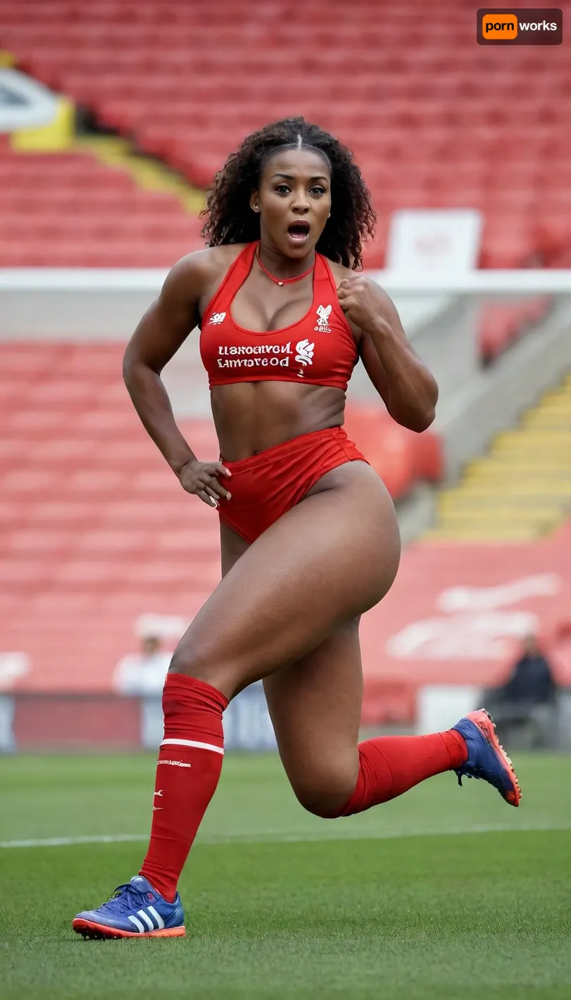 Very gorgeous female Liverpool soccer player, she is a British African MILF, SBBW, snatched waist, big ass, tight shorts, very big ass, big boobs, bodybuilder, crop top, red kit, anfield, packed stadium, 40 years old, Adidas, standard chartered, full length, solo focus, low cut top, perfect anotomy, sexy celebration pose, footwear, perfect hands, perfect fingers, super thick legs, Liverpool logo, naval jewelry, tongue stud, tongue stuck out, navel exposed