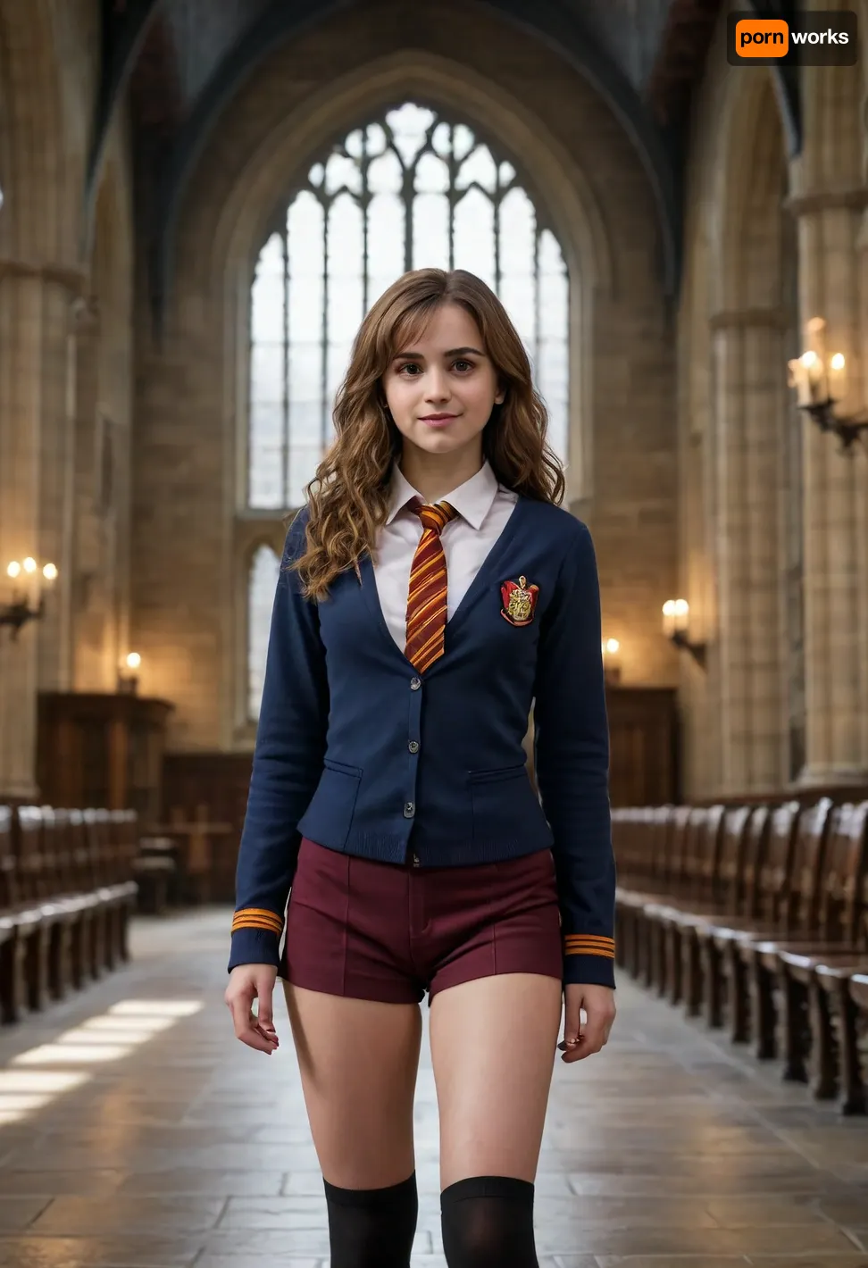 Hermiona granger, standing, in hogwarts great hall, in hogwarts uniform, horny smille, panties pulled down to her knees and reviel her pussy, visible naked pussy, shaved pussy
