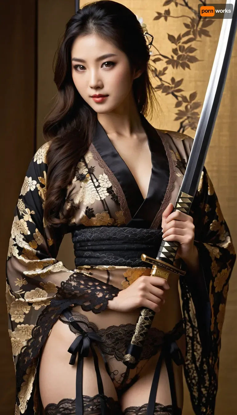 (masterpiece), (highest quality), (extreme detail), photorealistic, 1 girl in a photo shoot, young woman, Asian, heroine, (exquisite appearance), (perfect body proportions), stunningly beautiful facial features, long dark brown hair, loose hair, (traditional Japanese lace boddy, kimono:1.25), (lace lingerie:1.3), black with gold floral pattern, side cutouts, black, (lace pattern stockings:1.2), thigh-length stockings, high heels, black platform shoes, (one katana in hand:1.2), katana, long blade, golden hilt, vertical composition, (studio lighting:1.1), (soft light), (clear studio background:1.1), white background, high sharpness, richness of textures, clear pattern, (natural makeup:1.1), glossy lips, gentle smile