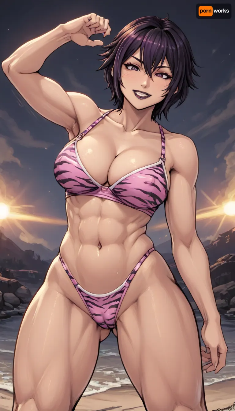 (Boxman anime art style), beautiful muscular GoGo Tomago, 1girl, solo, long hair, sexy and busty body, big breasts, (Asian skin:1.5), (oily skin:1.1), lustful smiling face, dark makeup, black lipstick, muscular body, defined muscles, hourglass figure, perfect round breasts, perfect round ass, defined body muscles, defined leg muscles, defined arm muscles, pink hard nipples, sweety small pink tight tiger print thong, sweety small pink tight tiger print bra, camel-toe1, bouncing breasts, bouncing ass, motion lines, neon sandy beach background, perfect fingers, style anime, inspired illustration, oda, non, pov, full body view, sexy standing facing pose, front view, <lora:cartoon_stickers_xl_v1:2>, <lora:hentai_anime_style_xl_v1:2>, <lora:AnimatedNightmaresStyle:2>, <lora:EnvyBeautyXL02:2>