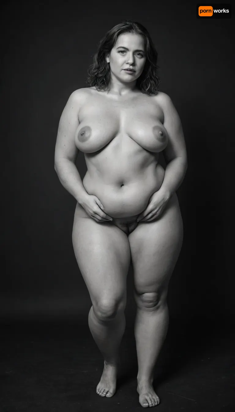 Masterpiece, (monochrome), black and white professional artistic HD photography, award winning photography, full body view, (dark background, extremely dim light:1.4), (only her forms are revealed by very fine lines of light:1.6), 50 year-old chubby mature woman silhouette, wide hips, natural flat empty breasts, small torpedo breasts, (belly folds, bulges:1.2), sexy poses, aged nude body, unkempt hairy pussy, slightly thick legs, slightly wavy layered dark brown hair, (obese:1.1), (she adopts provocative poses during a porn photo session:1.4), spread pussy, monochrome, realistic, 4k, high quality, art, (maximum quality, ultra-detailed, insanely detailed, highly detailed, high quality, uncompressed, raw source photograph), (highly detailed wrinkled skin, detailed mature skin texture, highly detailed light grey messy hair), curvaceous milf, folds under buttocks and breasts, cellulite, bulges, plump, skindentation, chubby, bbw, venus, body, big, breasts, ass, zavy-ldprtrt, old, woman, man, <lora:481999_training_data:1.5>, <lora:Chubby BBW - XL:1.4>, <lora:zavy-ldprtrt-sdxl:1.3>