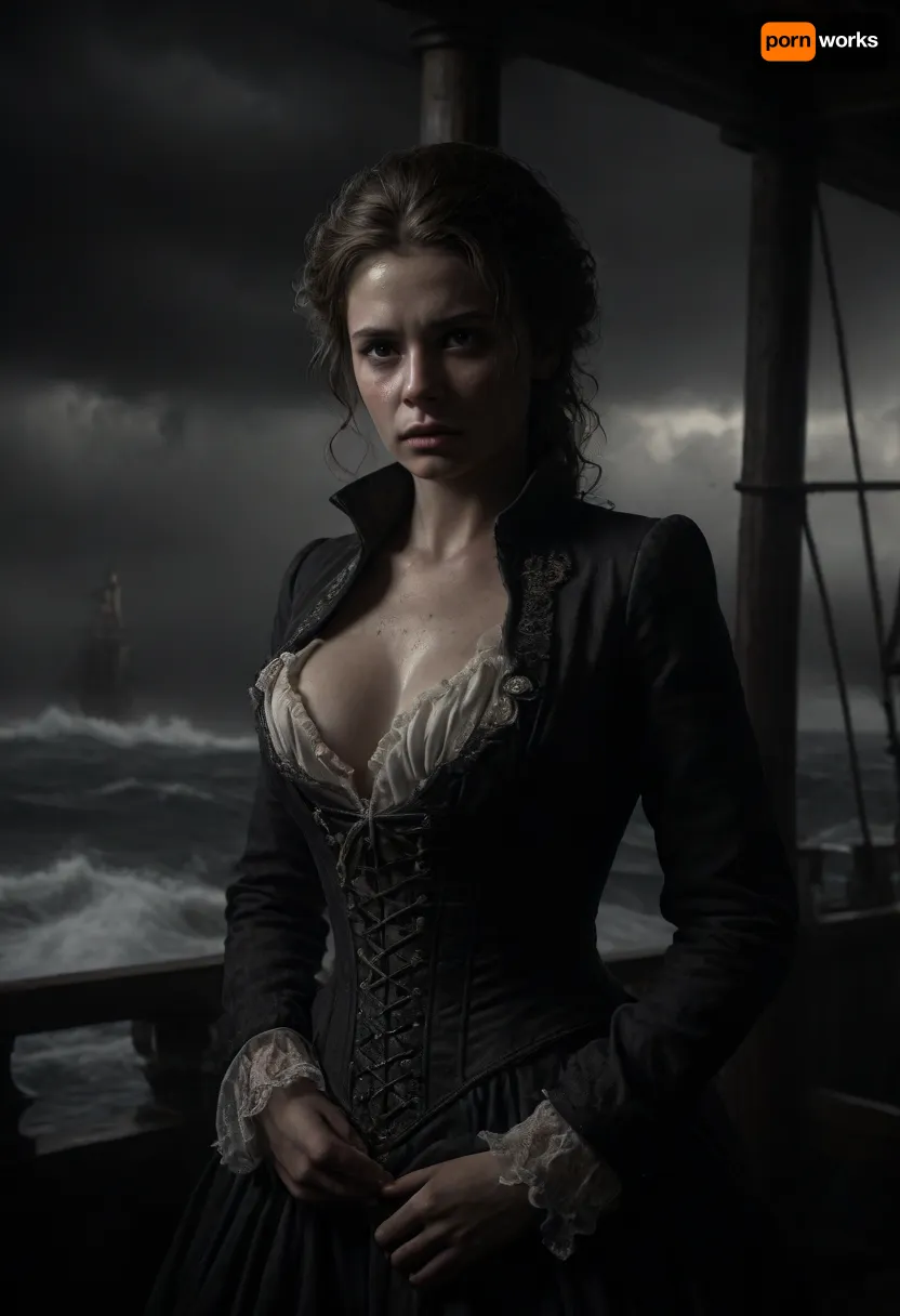 (Line art:2), ink drawing, Cowboy shot, 16 century, (stunning sexy rough lighthouse keeper stands inside glass cabin on top of Lighthouse:1), looks down to a three-masted sailing ship, (ship in distress:1.5), strong backlight from bright beacon illuminates her back and the darkness, (hurricane outside:1), (hard rain outside:1), (meter-high waves:1), undone linen shirt over a corset, firm breasts with long nipples, upper torso and a hint of cleavage visible exposed boobs, wind-torn coat, weras working clothes, large storm surge, rough sea, whitecaps, spray, haze, a three-masted sailing ship in distress in the background, novuschroma38, style, <lora:dark:.1>, <lora:CBS_novuschroma38 style:1.4>, <lora:photorealistic_portrait_notrigger:.4>