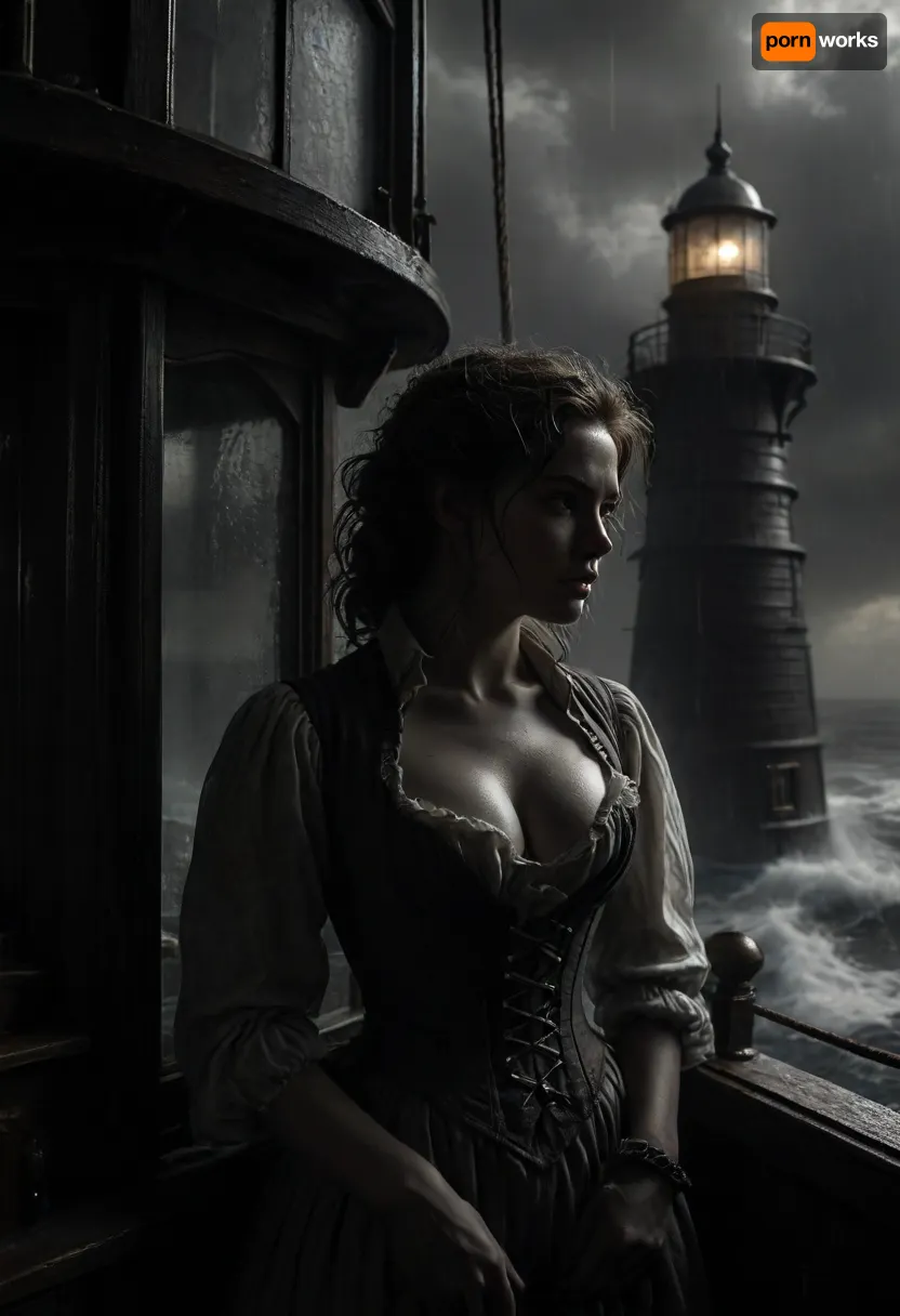 (Line art:2), ink drawing, Cowboy shot, 16 century, (stunning sexy rough lighthouse keeper stands inside glass cabin on top of Lighthouse:1), looks down to a three-masted sailing ship, (ship in distress:1.5), strong backlight from bright beacon illuminates her back and the darkness, (hurricane outside:1), (hard rain outside:1), (meter-high waves:1), undone linen shirt over a corset, firm breasts with long nipples, upper torso and a hint of cleavage visible exposed boobs, wind-torn coat, weras working clothes, large storm surge, rough sea, whitecaps, spray, haze, a three-masted sailing ship in distress in the background, 7-FineLine, Inkdrawing, cloudy, smoke, atmospheric, clouds, fog, <lora:MJ52:2>, <lora:Fine Line v1.0:2>, <lora:SDXL_Inkdrawing_v1:2>, <lora:Cloudy_Style:.8>, <lora:dark:.3>