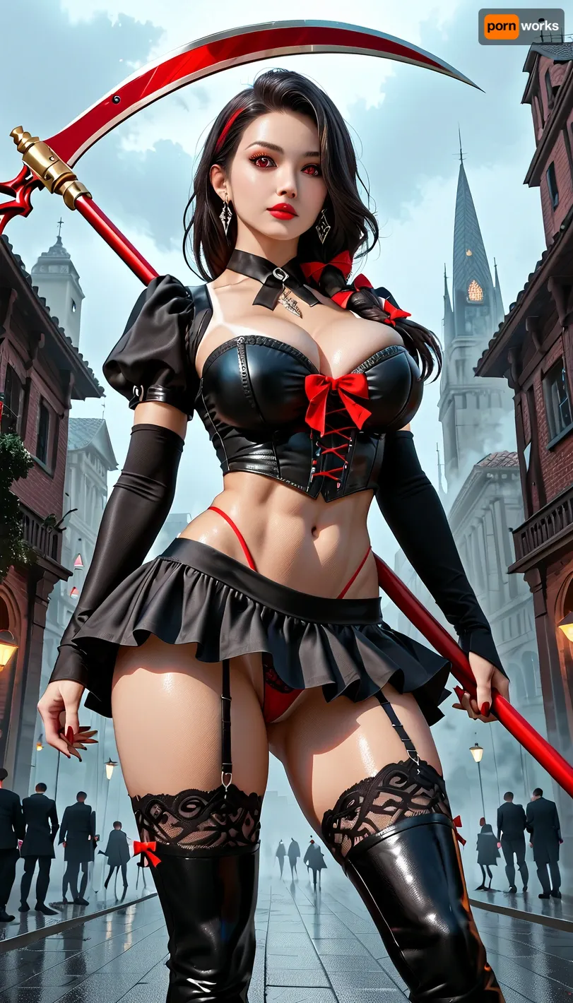 Appearance., (RoryMercury on 25 years old), is a tall woman with pale skin, long dark hair that reaches her thighs with a fringe that covers her left eye and frames her face, bright Red eyes with red highlights and diamond shaped pupils., (((Ultra realistic))), Perfect woman, Long lonG hair, black hair, tied hair, big eyes, perfect eyes, perfection, perfect skin, tan lines, building body, huge breasts, round breasts, natural breasts, thick body, large waist, large thighs, huge butt., (Medium-gotic-Skirt), v-lines, ((visible thong)), milf crop top, black-red gotic-silk underwear and corset, (nightclub, midnight, fog, foggy), . Tags, Ultra realistic, Masterpiece, Ultra detailed, High res, High resolution, 8k, UHD, Professional photography, beautiful face, (((score_9, score_8_up, score_7_up))), robe BREAK, High-resolution anime art, highly detailed, realistic, RoryMercury from GATE, tall and slender woman, pale skin, long dark hair, asymmetrical bangs covering left eye, vivid RED eyes with diamond pupils, ((wearing a dark-blac-red GOTIC style outfit)), red eyes, long hair, gothic, ribbon, hair-bow, abs, garter straps, thigh-highs, lipstick, gauntlets, puffy sleeves exposed right shoulder, subtle armor pieces, high boots, (holding long Scythe with red-lightning-aura), serene and happynes-expression, dynamic lighting, cinematic atmosphere, cityscape background, soft rain, realistic reflections, dramatic shadows, volumetric lighting. Dramatic perspective., (Gate, anime series.), rorymercury, brave, perspective, holding, Scythe, <lora:cfg_scale_boost:2>, <lora:RoryMercury_xl:.1>, <lora:brave-perspective:2>