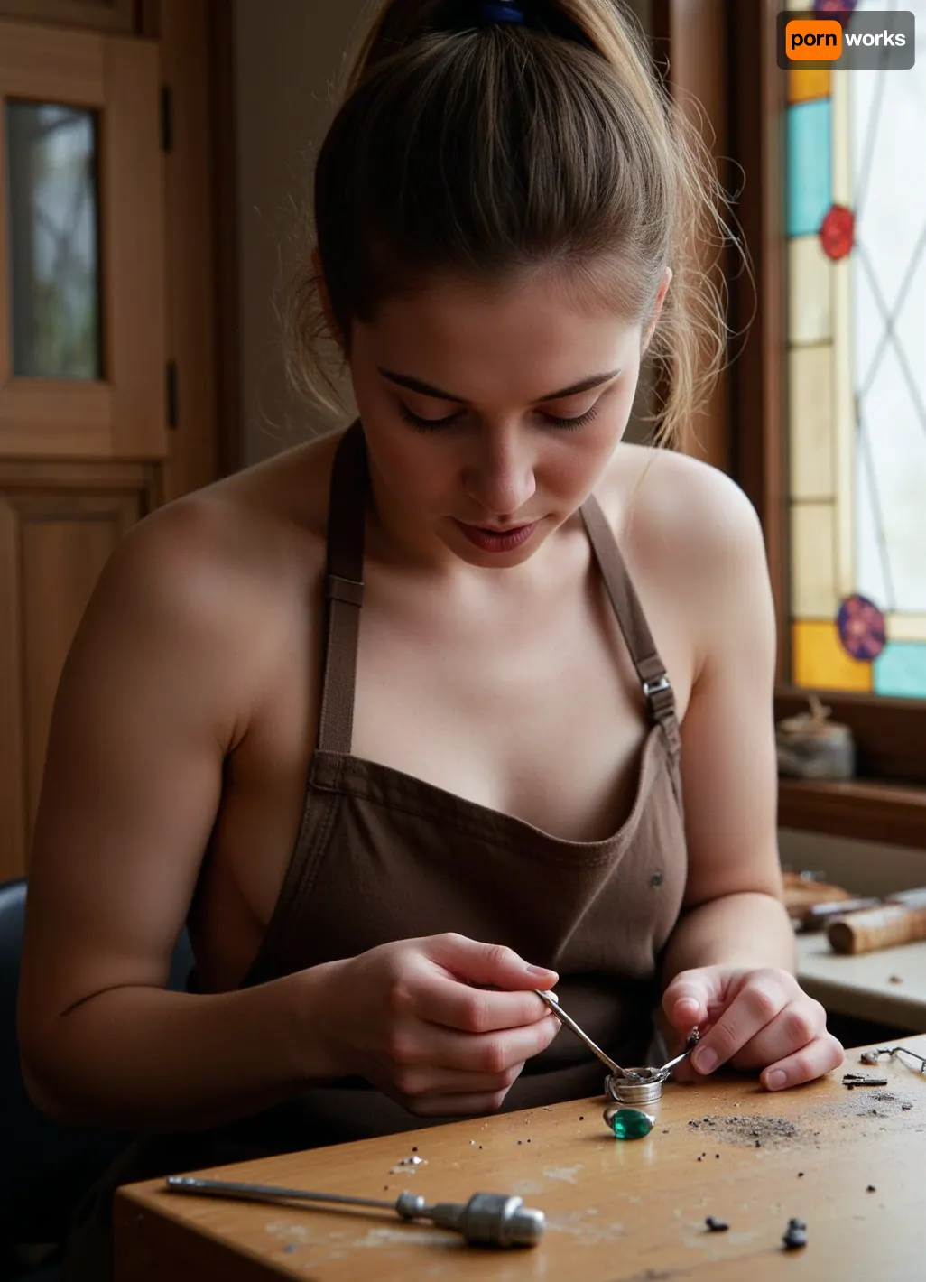 (jewelry workshop:1.3), a female jeweler in her workshop creating a ring, painstaking work, (focused gaze downward:1.2), (thick hair:1.1), (natural light from a large window:1.3), (stained glass window:1.2), light falls on face and shoulders, (hint of sweat, small drops of water on skin:1.1), (brown work apron on bare body:1.1), wooden table, jewelry tools, (emerald gemstone:1.4), (silver ring at work:1.3), (dust and chips on table:1.1), soft shadows, (richly detailed:1.1), realistic, photorealistic, cinematic light, (depth of field:1.1), (high resolution:1.2), (macro focus:1.1), (exquisite facial details:1.1), artwork, ring, workshop, (vintage look:.9), warm tones, artistic.