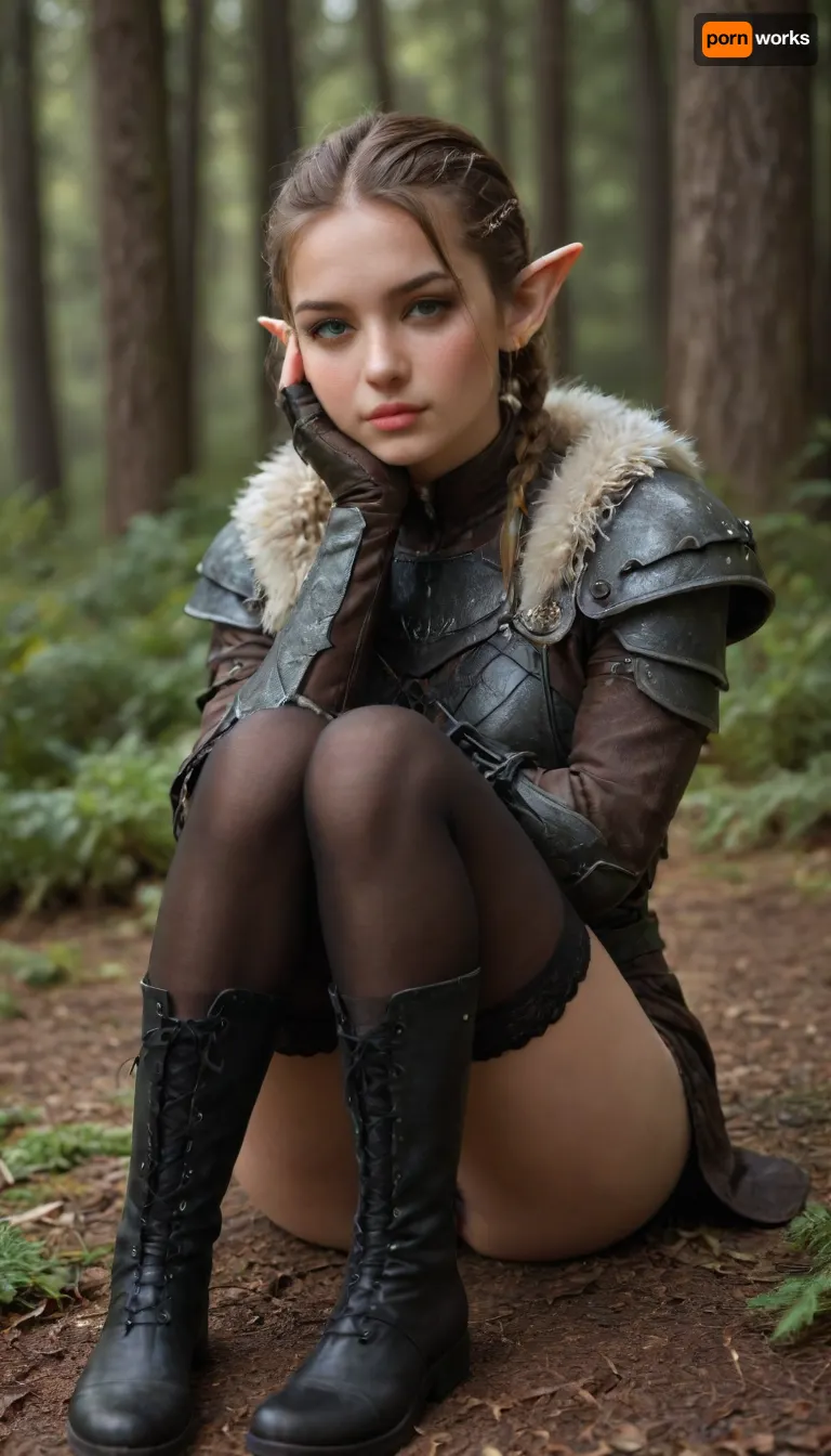 ((HD photorealistic)), full armo., Ridiculously cute 25 year old female elf., pointed ears., (heavy leather armor with thick fur trim), ., (leather gauntlets), (laced thigh high leather stockings and boots), (black and green warpaint covering forehead and eyes), Short hair, light brown hair with dark green highlights, pixie cut, shaved sides, braided., dark green eyes, dark eyeliner, smokey eyes., cute small nose, thick freckles on her nose., perfect lips., tanned skin., medium round breasts., skinny, thin, athletic build., short in stature., ((sitting and resting in the forest, knees up to her chest, resting her head on her hand)), close up face., <lora:PerfectEyesXL:2>, <lora:Braided_Sides_V1:2>, <lora:580159_training_data:2>, <lora:454069_training_data:2>, <lora:HGHD_FEMALE_ELF_STYLE-000009:2>