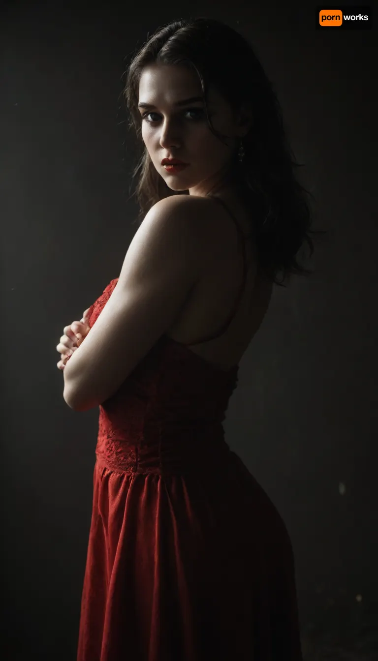 An intimate black and white 1930s noir inspired profile of an intense woman with her long inky black hair framing her fierce features. She is seated in a gloomy corner of a smokey bar, wearing a stylish red dress dress accentuating her slender neckline and defined jaw. Her heavy makeup is smokey and sultry with thick winged eyeliner while her red lipstick provides a shock of color against her pale creamy porcelain skin. Minimalist moody chiaroscuro lighting and a Dutch angle creating a dramatic effect. The overall mood of the image is sensual and alluring, with undertones of anticipation and desire., (black background, chiaroscuro lighting, Dutch angle:.9), ZipRealism, wearing a stylish dark dress dress accentuating her slender neckline and defined jaw. Her heavy makeup is smokey and sultry with thick winged eyeliner while her red lipstick provides a shock of color against her pale creamy porcelain skin. Minimalist moody chiaroscuro lighting and a Dutch angle creating a dramatic effect. The overall mood of the image is sensual and alluring, <lora:dark:.5>
