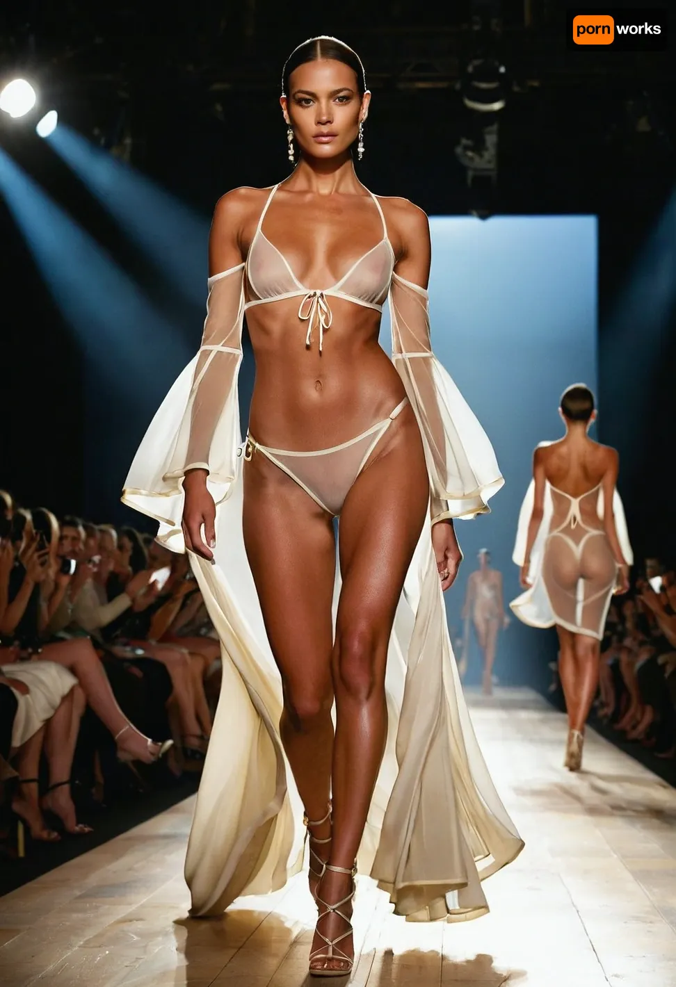 A striking naked White model walking confidently topless down a high-fashion runway, wearing a couture see-through swimwear-inspired outfit with dramatic accessories very exposal. She strikes a classic runway pose mid-step, her strong posture emphasized by soft overhead lighting. The audience is blurred in the background, keeping full focus on her radiant naked figure and high-fashion styling.