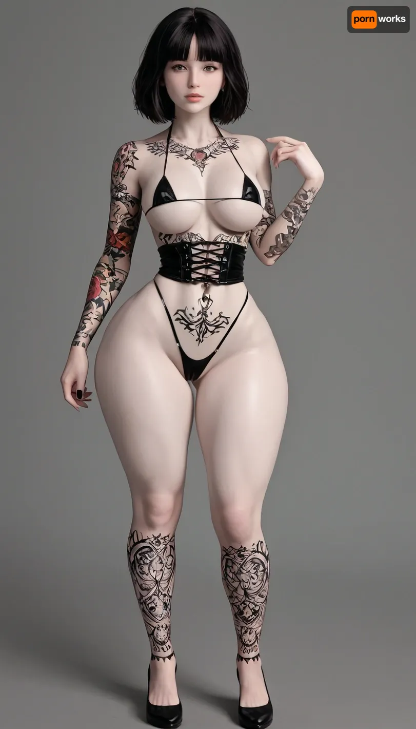 1girl, gothic, goth, pale skin, (pale skin:4), dark black eyes, (black hair:2), bangs hair, black eyeliner, (black lipstick), white skin, (full body shot), beautiful face, (flat chest:.7), small boobs, black choker, navel piercing, pierced nipple, one arm up, garters, bedroom, (extreme snatched waist:1.8), pencil waist, (wide hips:1.8), hour glass body, perfect ass, black waist high thong, micro bikini top, (short torso:.8), underboob, bottomheavy, (big ass:1.3), bolt on ass, huge, gigantic, (thick thighs), massive, full body tattoo, symmetrical tattoos, covered in tattoos, titty tattoos, leg tattoos, <lora:bottomheavy_v1_sdxl_tags:2>, <lora:FBT-000002:1.6>