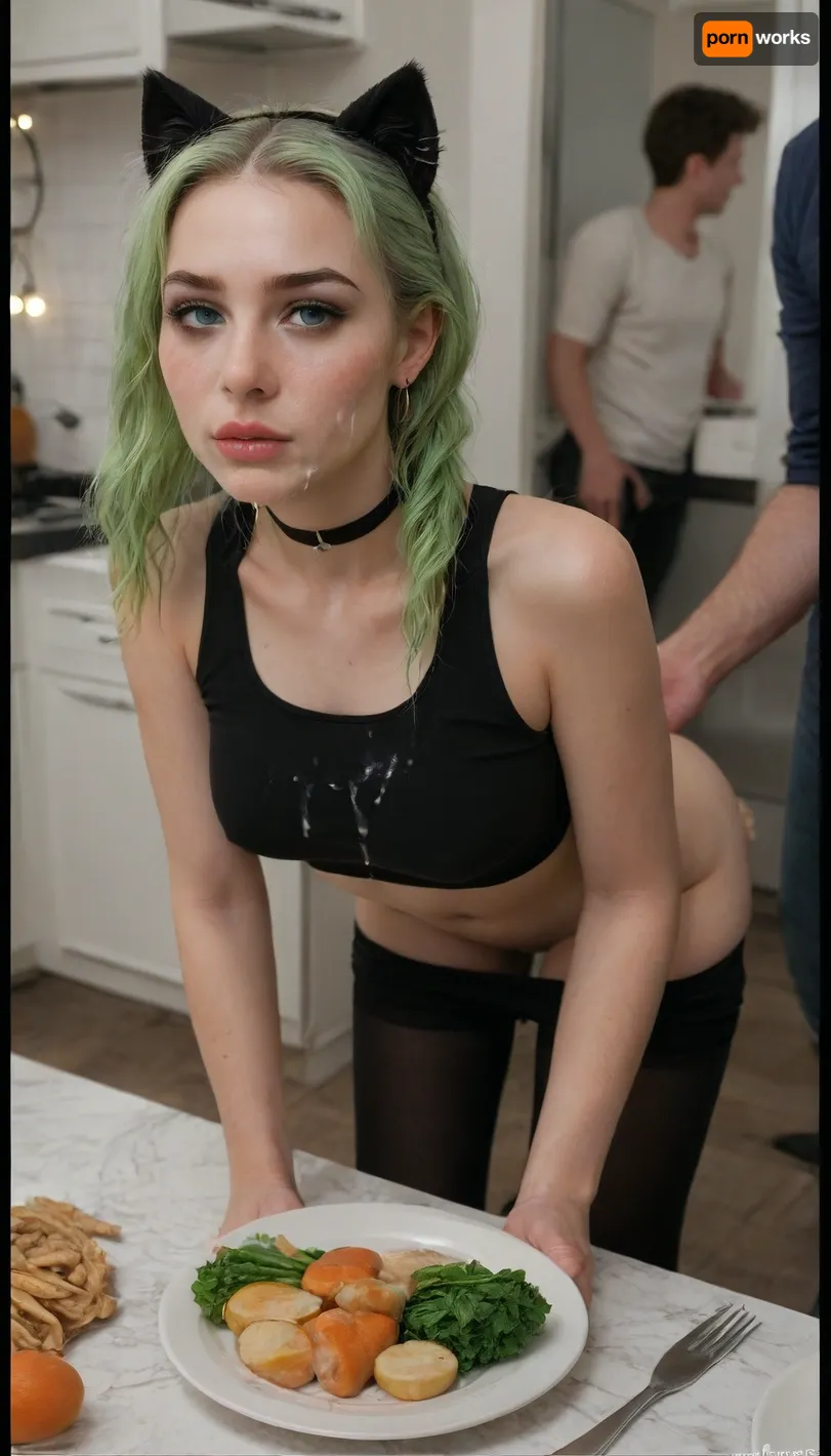(Masterpice), HD4K visual, clear background, clear model, One Middle age Caucasian White woman, nerrow face, beautiful eyes, nose ring, ear rings, black choker, tounge ring, (bright neon green hair), in pigtails, black cat ears, dark goth makeup, tall, slim body, thick ass, small perky pointed breasts, sleeveless crop top, black skin tight leggings, top pulled up, leggings pulled down, streams of cum on face, globs of cum on breasts, streams cum on ass, horny expression, in a kitchen, (holding a fresh steak and potatoes on a plate), bending over a modern stove, at night, kitchen lights on, detailed background, close up, incase, style, ratatatat74, woman, cum, on, face, <lora:287175_training_data:1.4>, <lora:ratatatat74-000050:1.4>, <lora:JustCum:1.4>