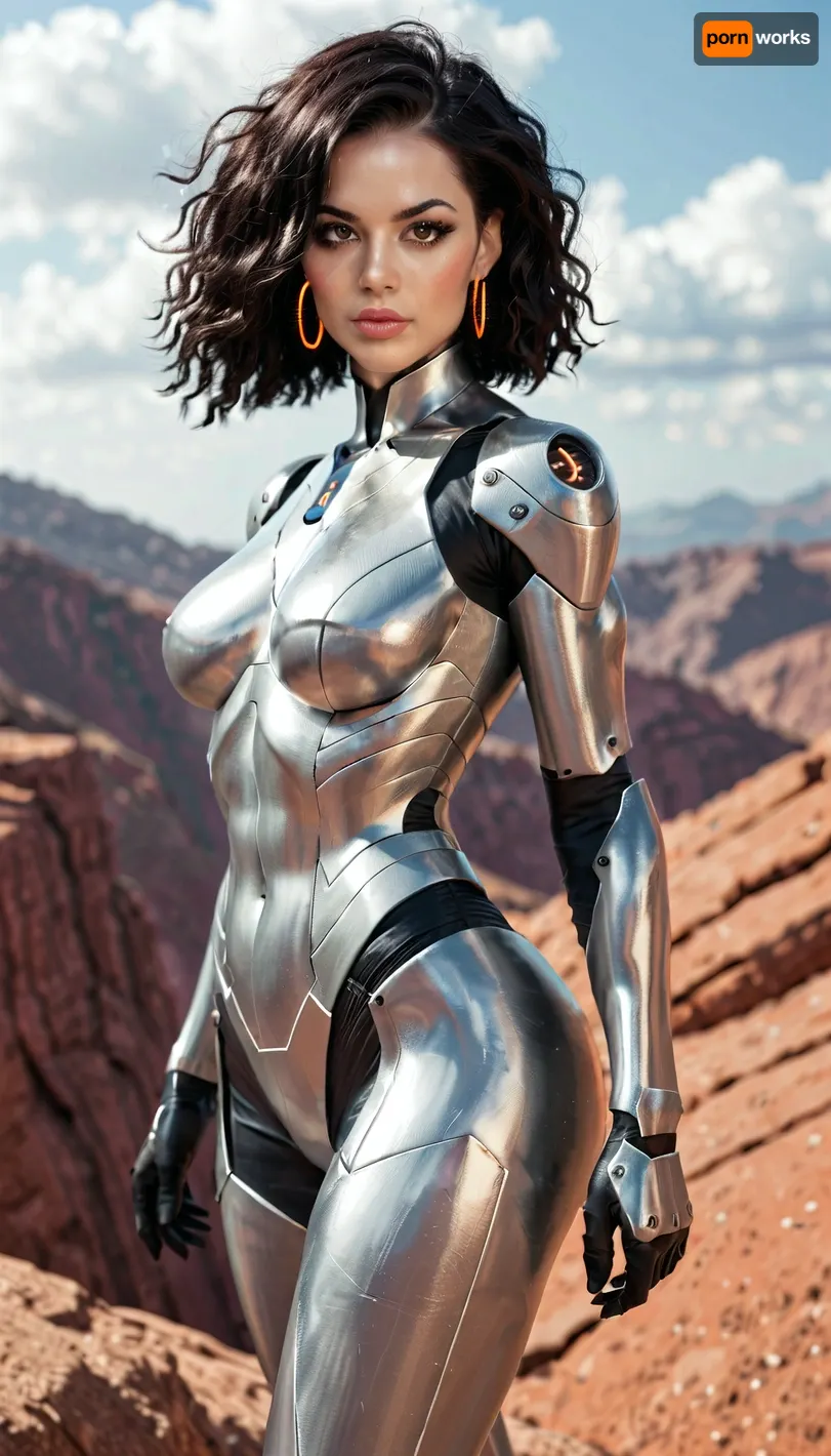 The image is a digital illustration of a female robot standing on a rocky terrain with a cloudy sky in the background. The robot is made of metal and has a metallic body with intricate details on its body and arms. It has a large head with two large eyes and a small nose. The body is covered in a metallic armor with orange accents, giving it a futuristic and futuristic look. The woman has long dark hair and is looking off to the side with a serious expression on her face. Her arms are crossed over her chest and her legs are slightly bent at the knees. The overall mood of the image is ominous and ominous.
