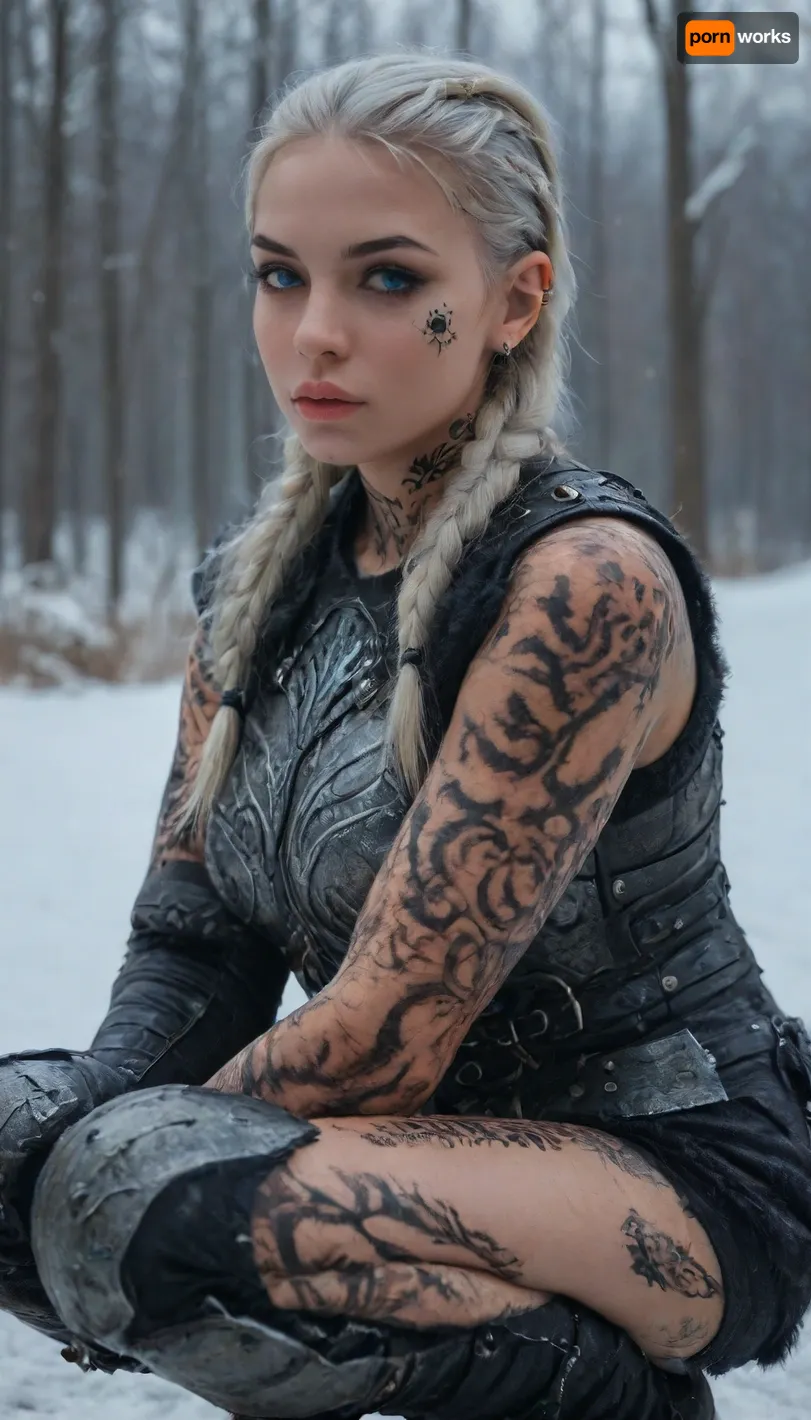 (HD Photorealistic), 35 year old scandanavian female. Thin, athletic, toned body., (Leather armor with fur trim:1.5), (leather gloves and gauntlets:1), (high leather lace up boots:1), (thigh high leather stockings:1), (leather hood and fur cape:1), white hair with black highlights, black roots, braids, shaved, layered bob., Cute face, small nose, perfect lips., (heavy dark eyeliner:1), smokey eyes, icy blue eyes., (black warpaint:1.5), (tattoos:2), (leather armor over tattoos:2), icy, snowy, winter lake environment., (crouching along the icy shoreline of a fjord), Short, Layered, Bob, braided, side, green, eyes, blue, brown, perfecteyes, elf, pin-up, succubus, femme, fatale, tattoo, <lora:909601_training_data:2>, <lora:Braided_Sides_V1:2>, <lora:PerfectEyesXL:2>, <lora:454069_training_data:2>, <lora:Cassara The Haunting Elf_epoch_10:2>