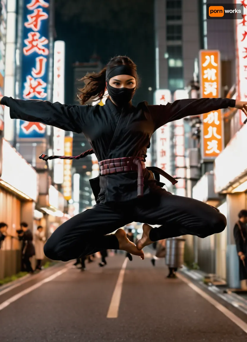 Photography, (photographic), cinematic photography {hint}. 35mm photography, film, bokeh, professional, 4k, high detail, cinematic, shallow depth of field, film grain, high budget, epic, sullen ninja girl in, (traditional ninja clothing:1.2), with an intense stern gaze, (flexible in jump:1.6), (arms spread wide, (hands not in frame:1.1), like a predatory panther, (with ninja weapons:1.2), in the city of Tokyo with tall buildings and lots of neon signs.)