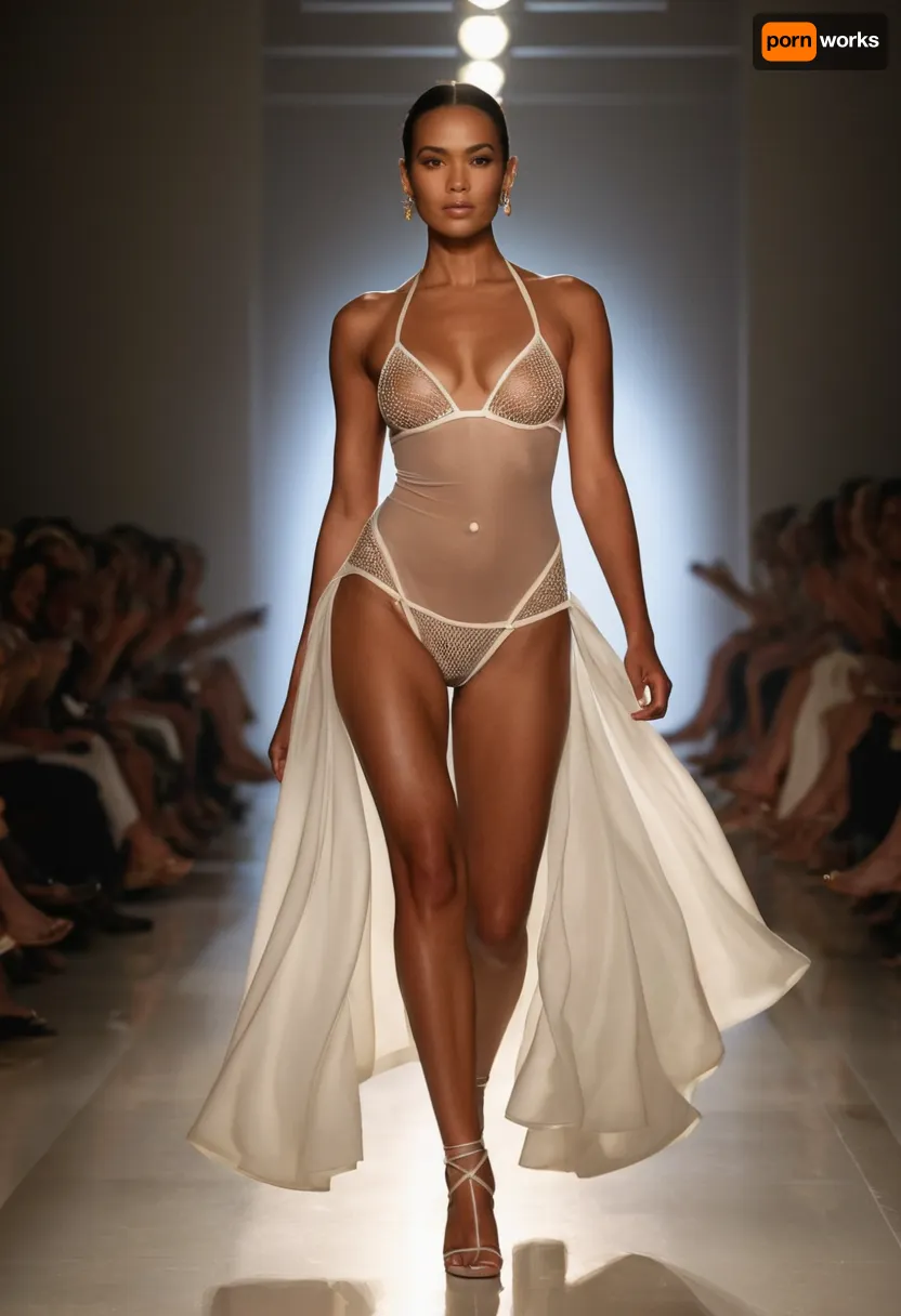 A striking White model walking confidently down a high-fashion runway, wearing a couture see-through swimwear-inspired outfit with dramatic accessories very exposal. She strikes a classic runway pose mid-step, her strong posture emphasized by soft overhead lighting. The audience is blurred in the background, keeping full focus on her radiant naked figure and high-fashion styling.
