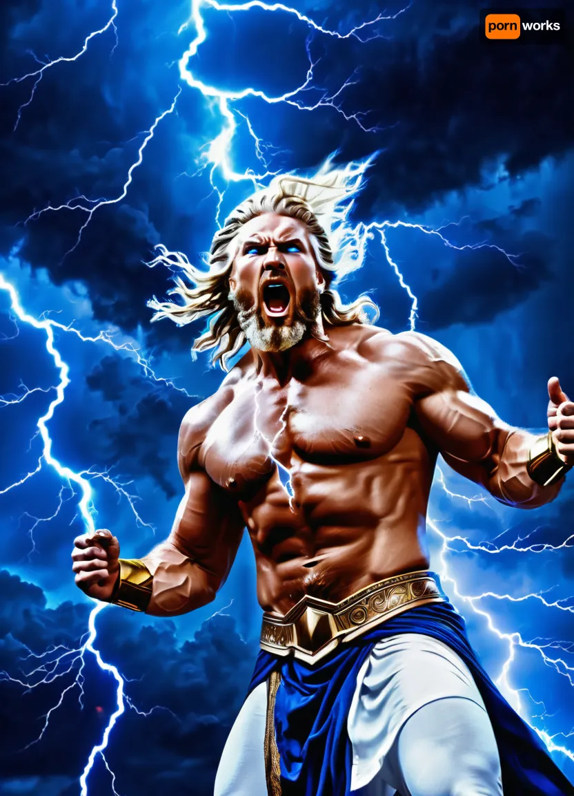 (epic shot:1.2), (Zeus, god of lightning, god of thunder, Greek mythology:1.3), (double exposure), (picture within a picture), holding in his hand, (a bright blue lightning bolt:1.5), (muscular man:1.1), (intense facial expression:1.2), (glowing blue eyes:1.3), white flowing beard and hair, picture within a picture, (white toga with gold trim:1.1), gold cuffs, gold leggings, standing against the background, (dark stormy sky with lightning:1.2), ., In the background, (ghostly, enlarged image of Zeus screaming:1.1), with fierce blue eyes and open mouth, surrounded by lightning, (dark clouds, atmospheric storm), (dramatic lighting:1.2), volumetric lighting, high contrast, contour lighting, (digital painting:1.3), complex details, high detail, sharp focus, octane rendering.