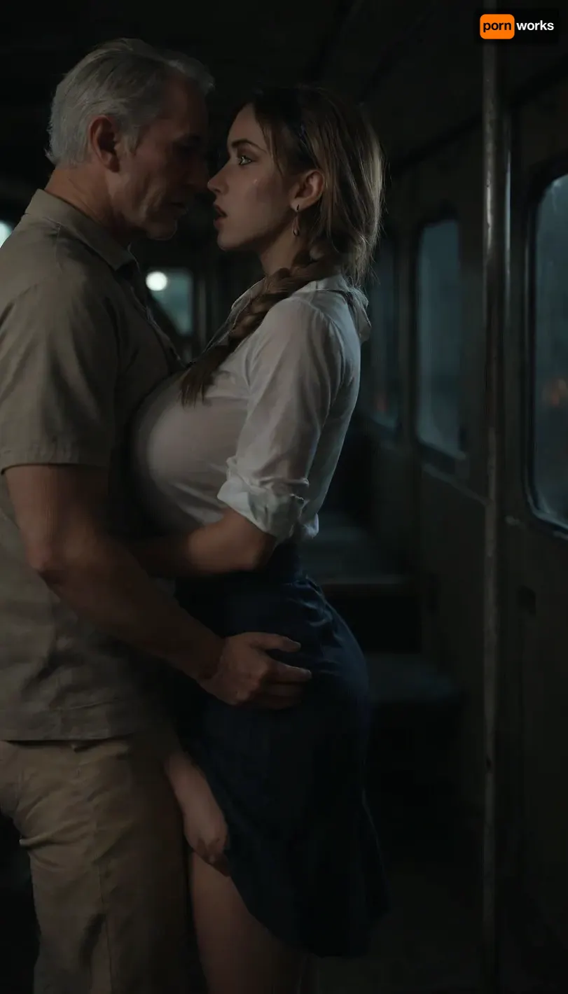 Night, dimly lit, 18 year old college girl standing on bus, scared, extremely shy, looking down, ((old man fucking her from behind)), she is extremely beautiful, ((view from the side)), perfect face, blonde braided hair, hairband, skinny, massive breasts, tight school uniform, <lora:dark:.8>