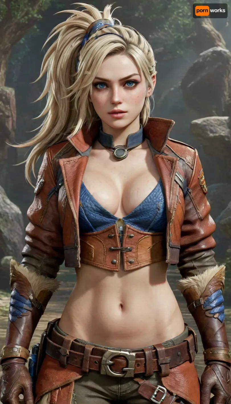 (Masterpice), (HD4K visual), (detailed background), (detailed model), detailed background, detailed face, detailed eyes, detailed hands, (Gemma from the video game Monster hunter wilds:1.4), (big messy platinum blond hair in a really long ponytail), blond hair, (blue eyes), freckles, long face, welders goggles on forehead, brown croptop leather jacket, bikini under jacket, brown baggy pants, utility belt, chubby body, DD size breasts, in a primitive Smith forge, small tent over forge, day time, sunlight beeming down, forging metal armor, incase, style, ratatatat74, gemma_mhwilds, <lora:287175_training_data:1.4>, <lora:ratatatat74-000050:1.4>, <lora:gemma_mhwildsXL:1.4>, <lora:add-detail-xl:1.4>