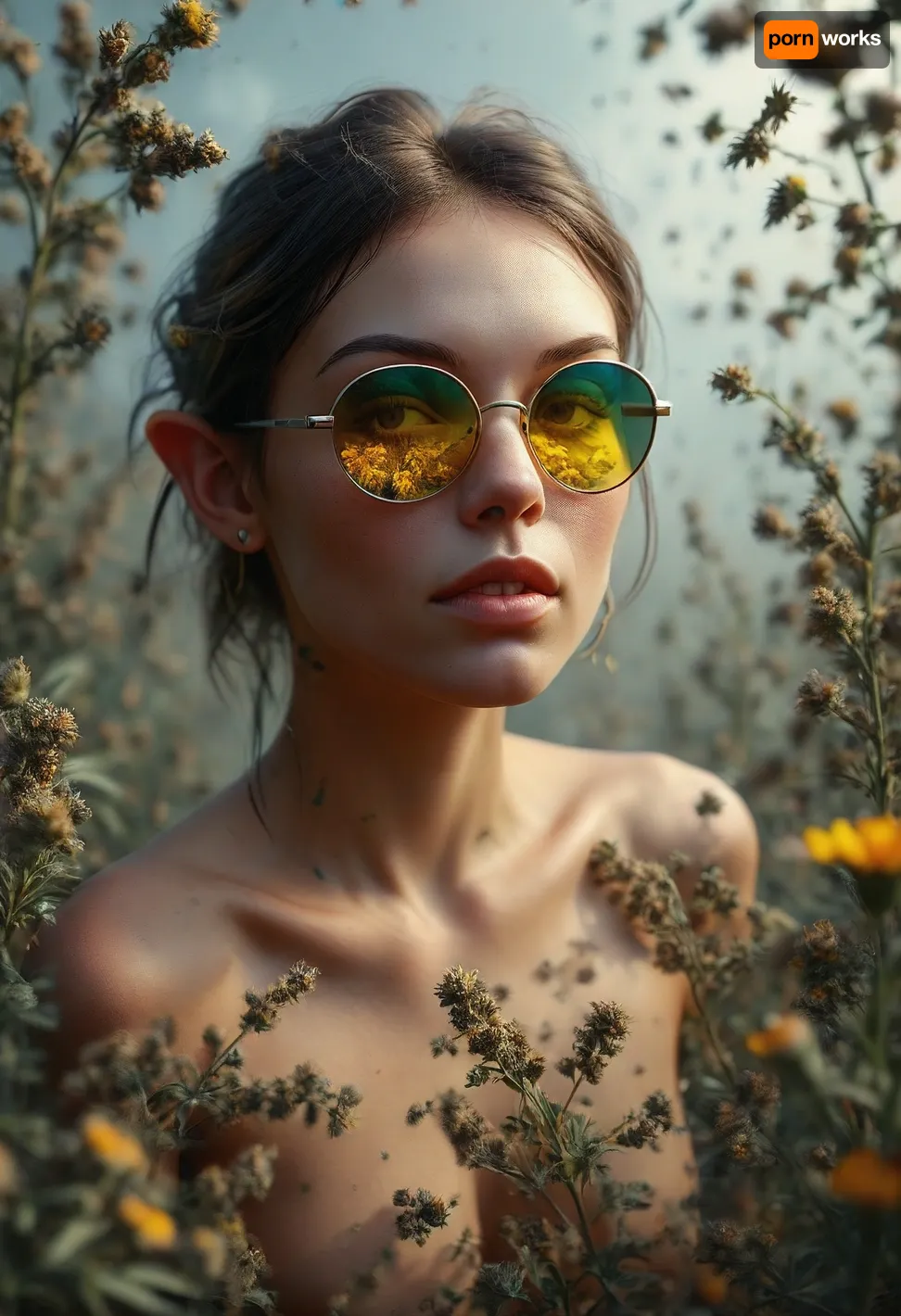 full body view, A double-exposure illustration in which a nude elven gardener is overlaid with cannabis, tattooed, wears silver metal sunglasses with extremely small circular yellow lenses, looking at the viewer, (detailed reflection in the lenses of flowering cannabis plants:1), silent smile, lingerie, view from back, she harvests perfect cannabis buds, (is surrounded by a swarm of 40 perfect and colorful realistic butterflies:1.7), (40 realistic butterflies:1.7), the background is blurred, the entire image is designed using technical parameters to create a warm, romantic atmosphere. Ganja, flowers, cannabis, marijuana, leaves, plants, resin, glands, nugs, edgFae, flower, fairy, style, wearing, sunlight_str1, vibrant, dream, pale, reality, elven, architecture, cloudy, smoke, atmospheric, clouds, fog, intricate detail, highly detailed, breathtaking, panoramic, cinematic, (3D, Framed, Woman), Cat, Skull, Flowers, Bird, Macabre, psychedelicai, <lora:MJ52:1.9>, <lora:psychedelicai-SDXL:.8>, <lora:Elven_Style_V1:.9>, TattooVariations, <lora:TattooVariations:.8>