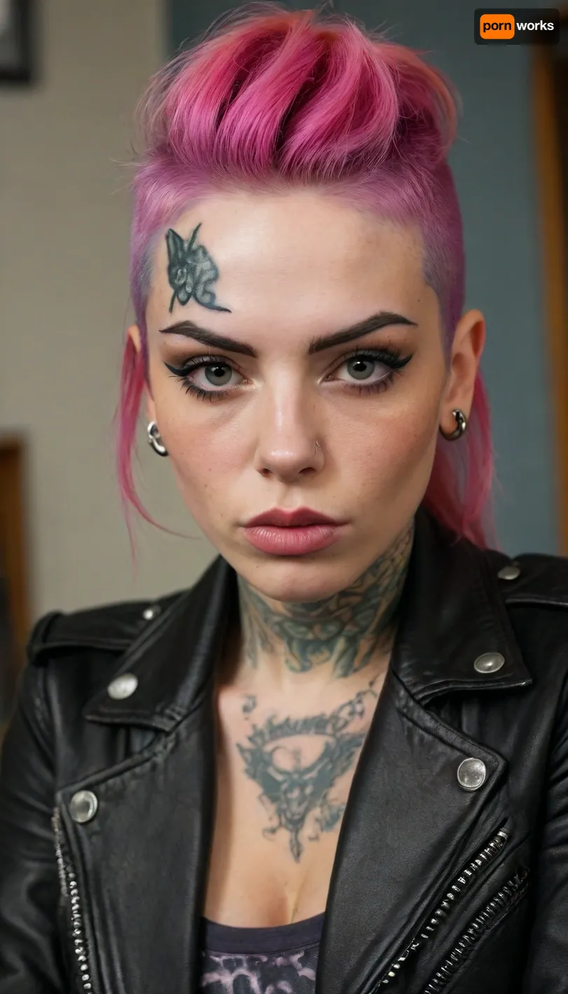 ziprealism, (punk, punk rock, punk rock woman, piercings, black leather jacket:1.6), (confident pose, large expressive eyes, angular facial features:1.2), ((smug), , , tattoos, punk esthetic makeup, sharp eyebrows:1.8), (warm romantic lighting, shallow depth of field, strong saturation, vintage analog lens, Dutch Angle, focus on lips:1.4), (goosebumps, vellus hairs, freckles, perfect eyes:.4), (rude hairstyle, multicolored hair, vivid hair, undercut hair:1.2), (natural skin texture, maximum quality skin texture, RAW photography, uncompressed), (cozy bedroom, large comfortable bed), igbaddie, <lora:style_lora_realis:.8>, <lora:igbaddie-XL:.4>