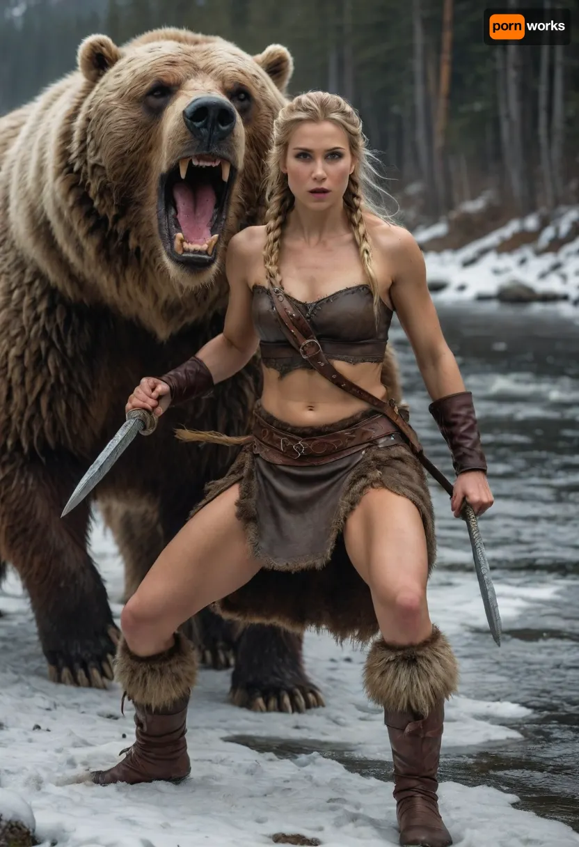 slender, flat chested, female viking Warrior combat with a huge attacking grizzly, heroic Portrait, (flat chested:1.4), slim hips, slim waist, slim legs, 50 Years old, Scandinavian, athletic, valuable Viking winter costume, fur, Armor, viking knife, Blonde hair, Braided hair, Fluffy hair, Long hair, Dark light skin, Forest, Lake, Mountains, Snow, riverside, Realism, dynamic fight against bear, open bear`s mouth, bloody scratches on skin, sweating, fantasy, art, <lora:Fantasy_ArtXL:.8>