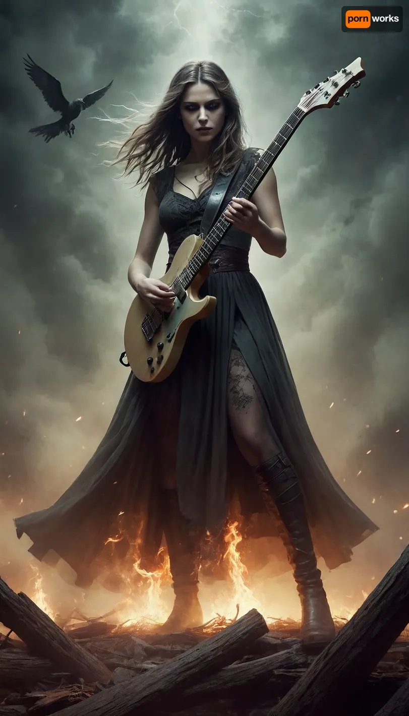 illustration. draw with ink and brush, Melodic death metal, folk, Germanic Mythology, strong female, flying-V guitar, sweeping arrangements, epic and majestic. shrouded in soul fire and decay fog. Three levels. shallow depth of field, night vision, parallax, overexposure. /©KlTTY-ART/