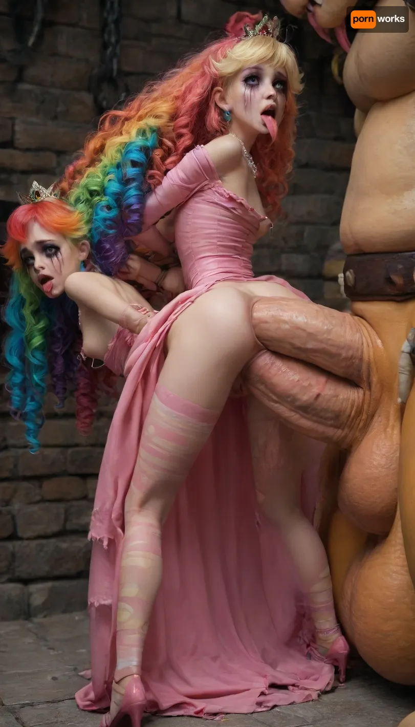 (realistic:1), in a dungeon, (young:2), (deep anal penetration:1.9), (huge cock:2.2), ((beautiful Caucasian young princess peach, extremely long big curls rainbow hair, tiara, necklace, torn pink elegant dress), light blue eyes, small natural breasts), (She is getting fucked from behind in doggy by a Giant monster bowser grabbing her butt:1.2), bending over, full body view, slim body, (ahegao, tongue out, rolled eyes:1.5), blush, (exposed pussy:1), exposed breasts, (small natural breasts:1.3), (huge anal creampie:1.4), (tiny waist:1.6), (flat tits:1.3), (skinny ass:1.4), (tiny ass:1.7), rainbow hair, multicolor hair, (large heavy pink nipple rings:1.5), wide opened mouth, (long tongue out:1.4), tongue sticking, ahegao, (Very petite:2), (young adult:2), ((crying)), ((mascara tears)), ruined makeup, tears, (tied arms behind back:1.9), handcuffs, chains, chained, (slave collar1.4), (rainbow stockings:1.6), rainbow gloves, rainbow highheels, (massive cock:2.2), (anal sex:1.6), (tied arms behind back:1.8), elf ears, (best blue eyes:1.5), big cat ears, bunny ears, (rainbow hair:1.4), (micro waist:1.8), (skinny:1.7), (smeared makeup:2.2), choker, Bowser, SDXL, <lora:add-detail-xl:1>, <lora:sunnyrayyxo_v1_SDXLBase:.9>, <lora:Bowser_V5:1.2>