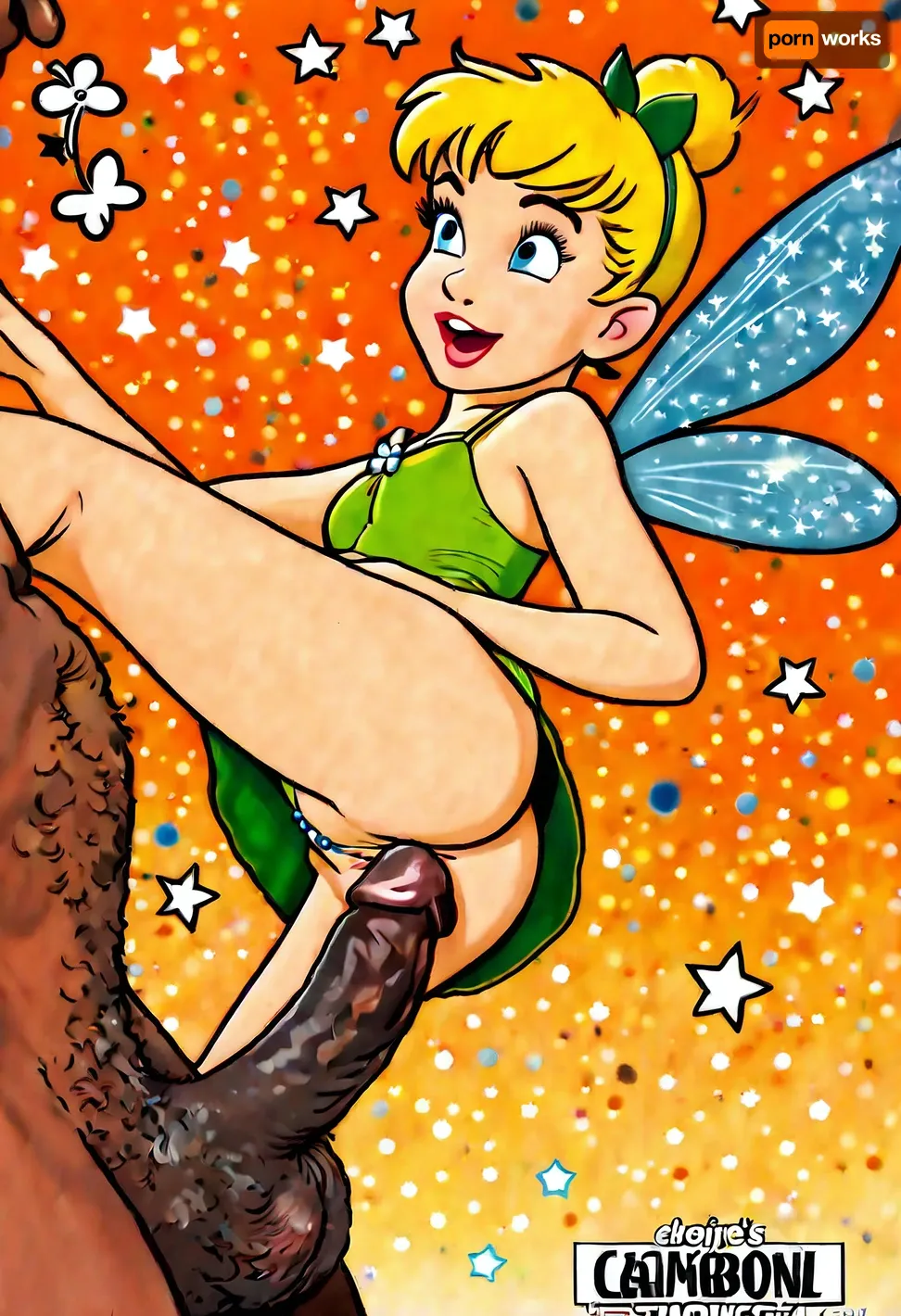 tiny magic cute petite fairy Tinkerbell, horny, ((she's climbing up an enormous black cock that is literally twice her size)), fairy dust, ((muted old cartoon colors)), (((1950s cartoon style image)))