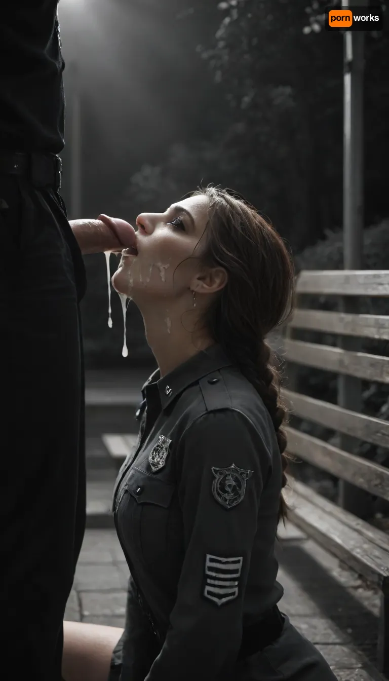 20yo woman kneeling, brown hair in braid, woman looking up at man, park bench, night, ((profile)), heavy fog, black and white, silhouette, 9 inch penis, fully erect, penis above woman's head, excessive cum, cum spraying, cum dripping on woman, woman in police uniform, submissive, look of love, uniform streched over large boobs, <lora:640897_training_data:2>, <lora:sin-city-sdxl-v1-000050:1.3>