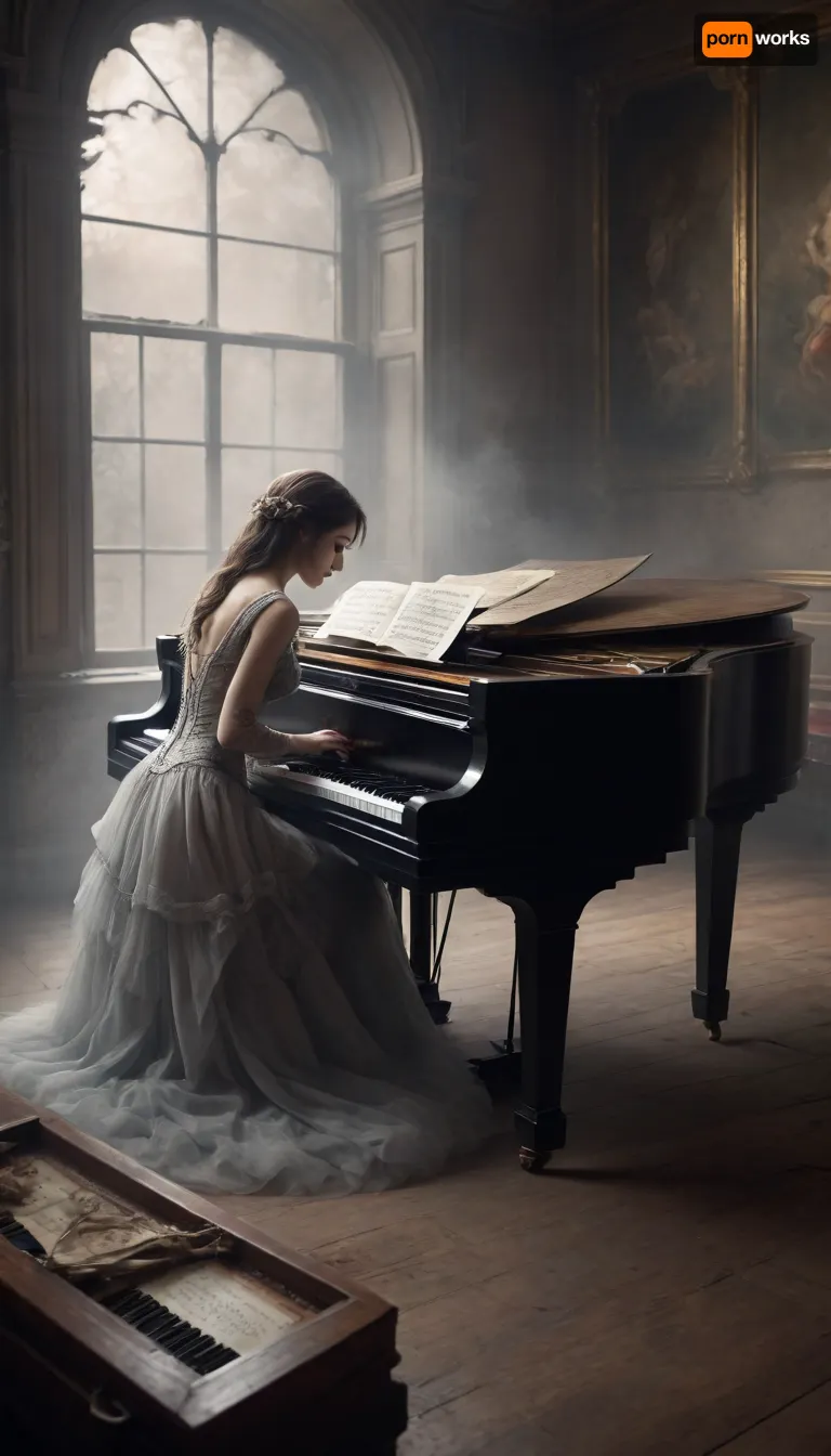 illustration. draw with ink and brush, symphonic metal, Harpsichord, virtuos, female, create a captivating blend of lead melody and lush backing textures, sweeping arrangements, epic and majestic. shrouded in soul aura and decay fog. Three levels. shallow depth of field, parallax. /©KlTTY-ART/