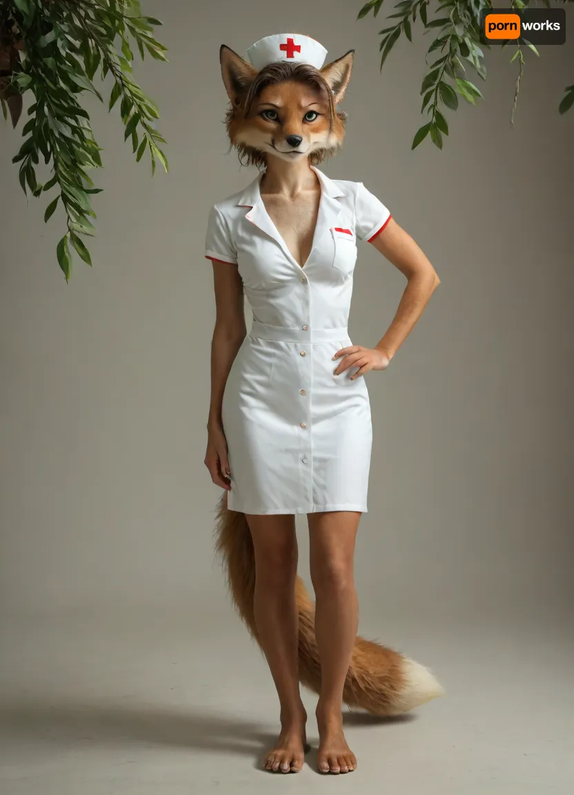sexy toon female furry fox, fit body with wide lean hips, dressed as a nurse, full-body front view, plain background, Jungle, w4t3rf4ll, <lora:Jungle_w4t3rf4ll:.8>, <lora:early621-000002:.8>